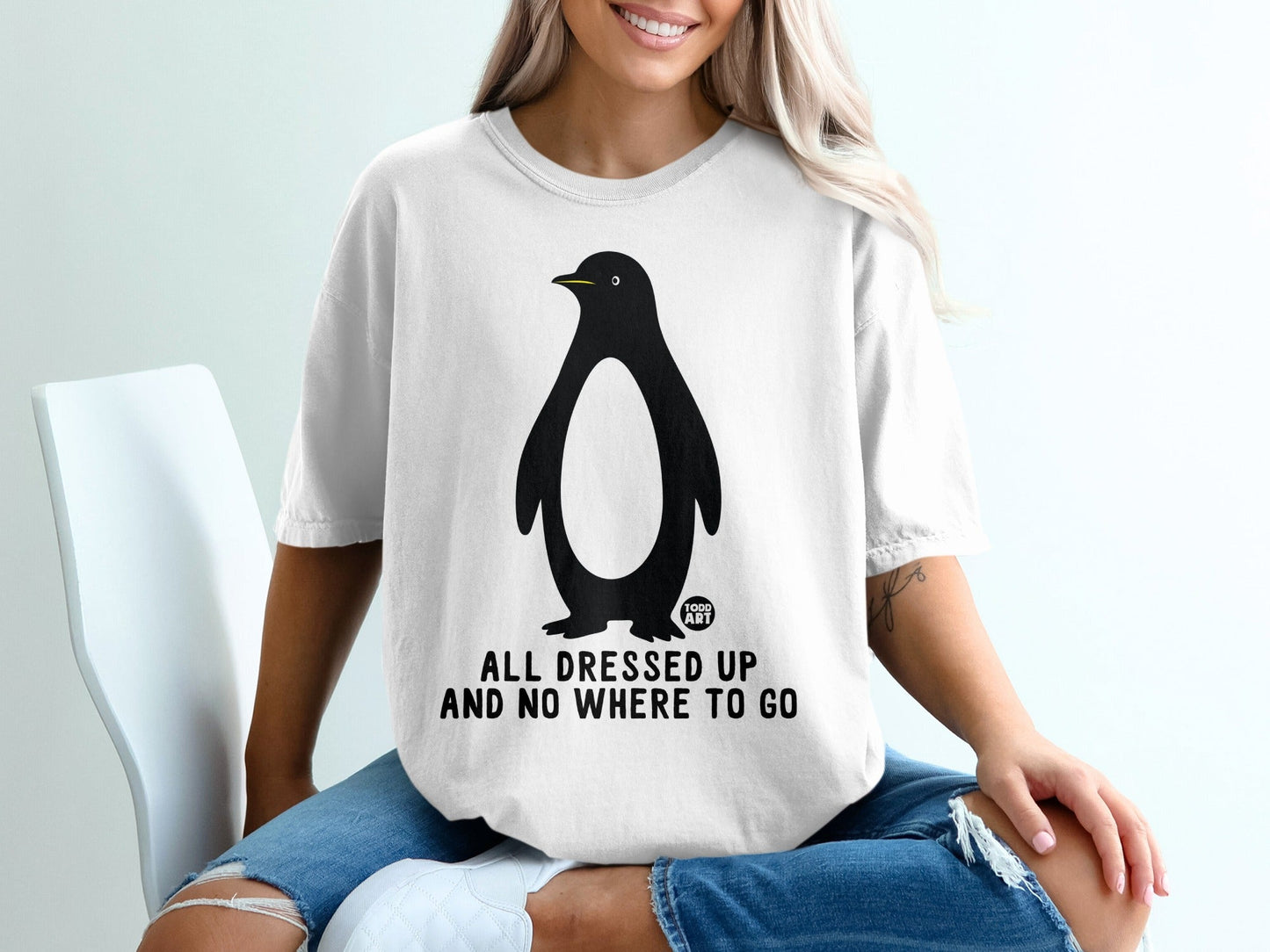 Funny Penguin T-Shirts, All Dressed Up And Nowhere To Go Tee, Cute Animal Shirt, Humorous Bird Gift, Minimalist Graphic Design Top