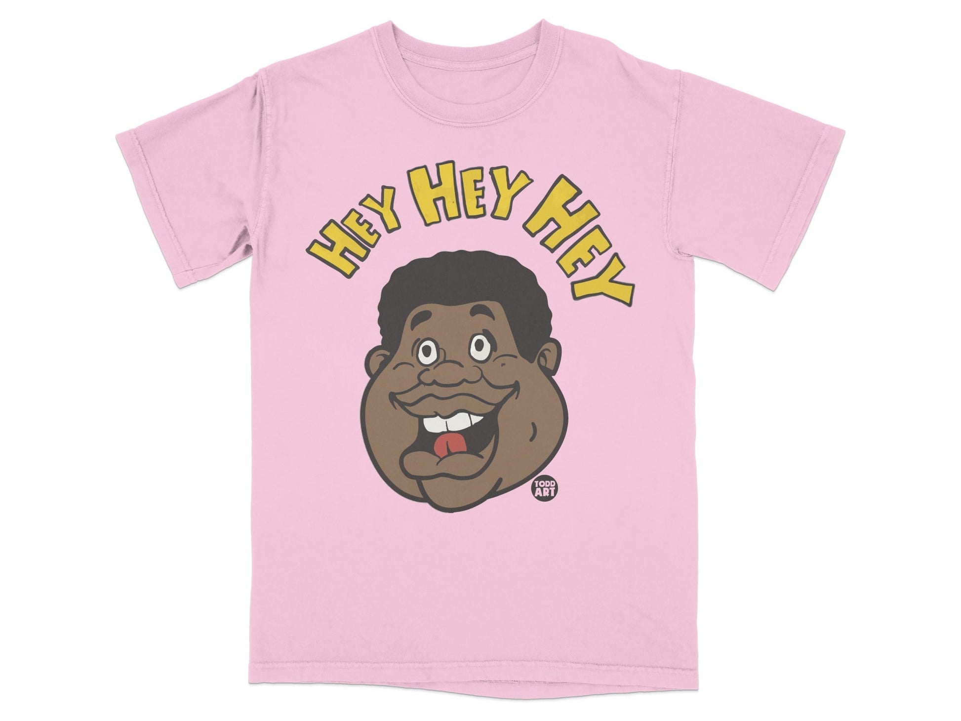 Pink t-shirt with a cartoon face and "Hey Hey Hey" text.
