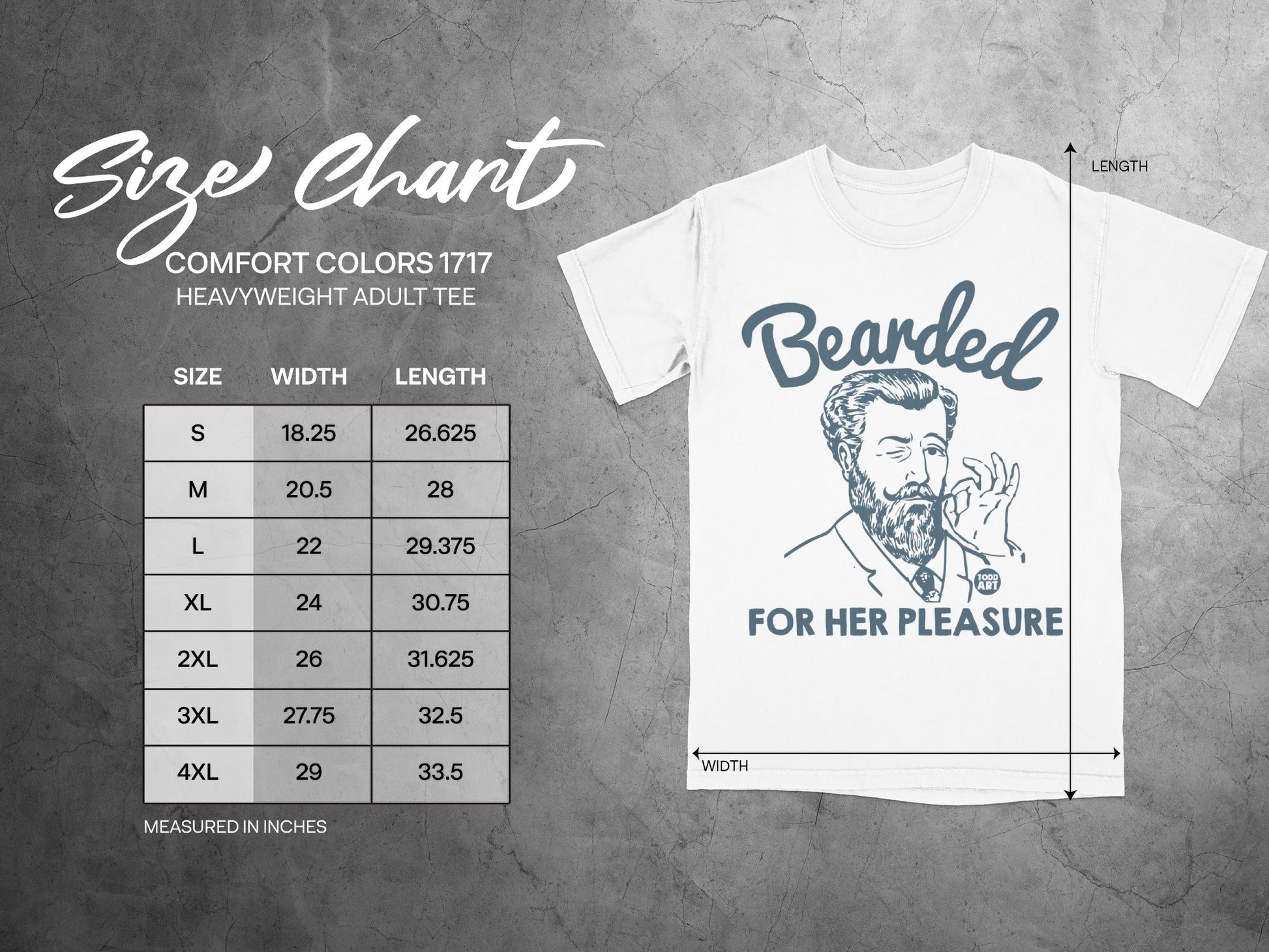 Size chart for Comfort Colors 1717 heavyweight adult tee with measurements.