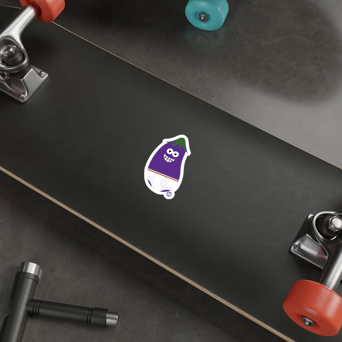 Purple Cartoon Eggplant Character Skateboard Sticker