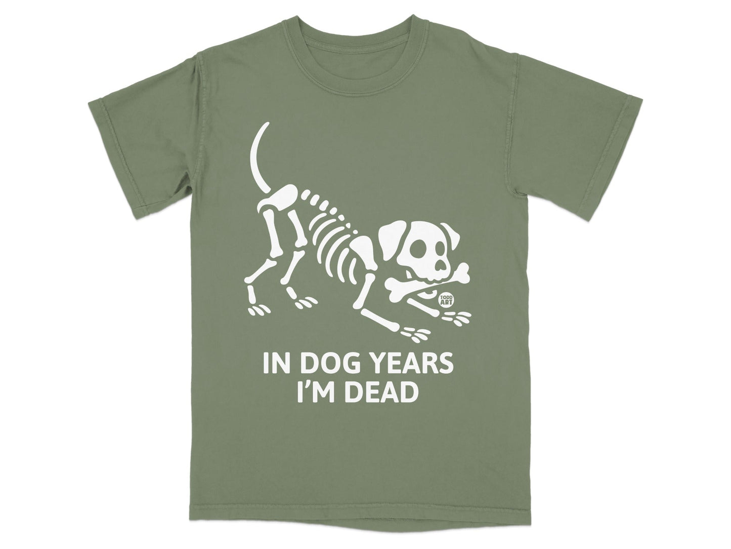 T-shirt with white dog skeleton graphic and text "IN DOG YEARS I'M DEAD".