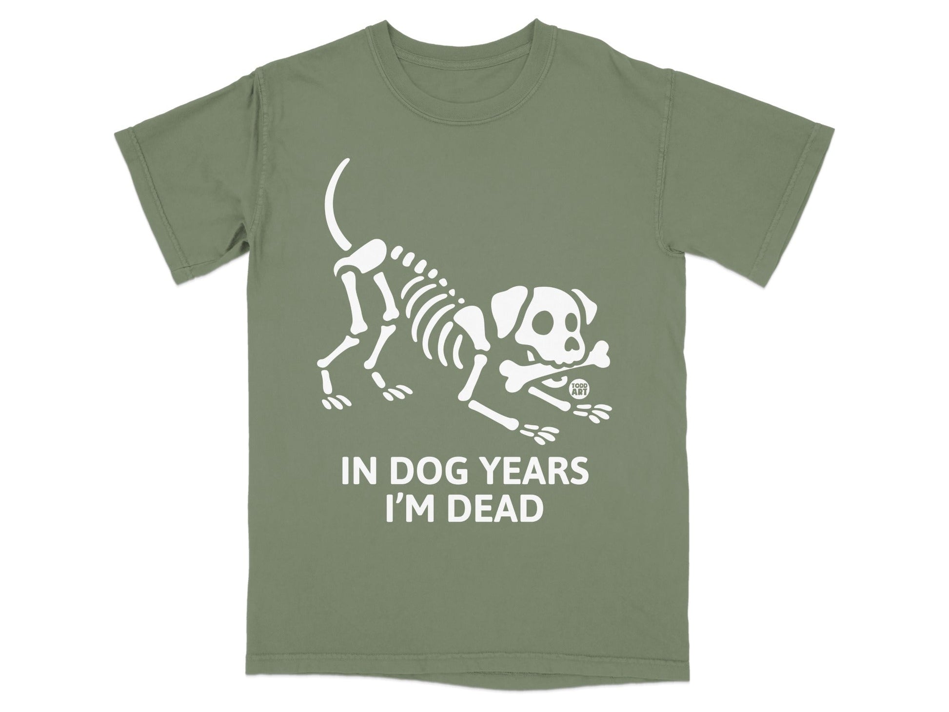 T-shirt with white dog skeleton graphic and text "IN DOG YEARS I'M DEAD".