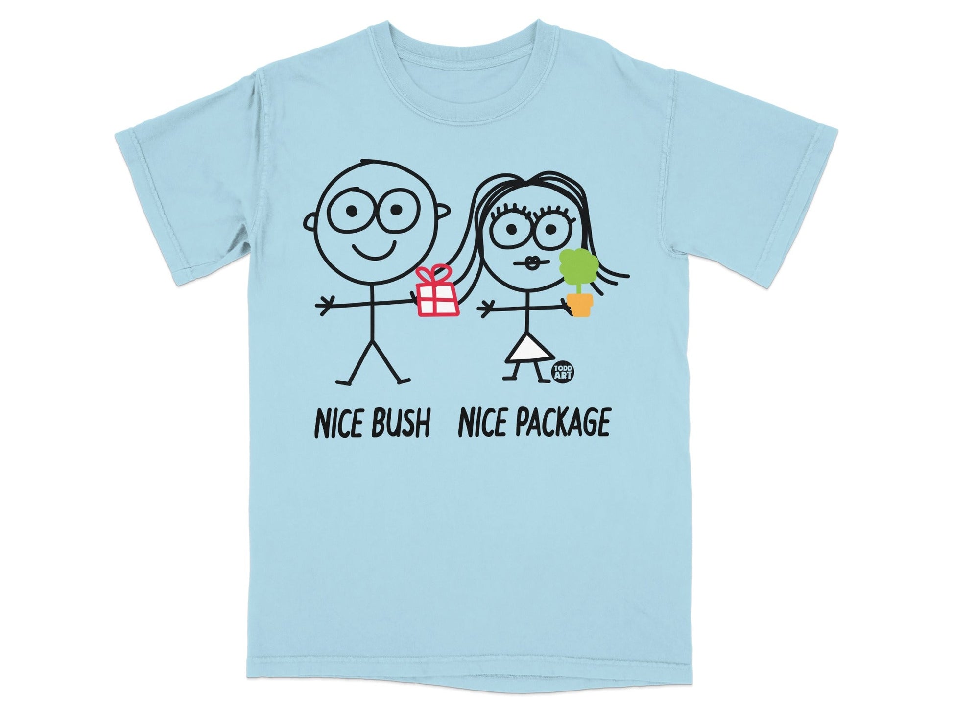 Light blue t-shirt with stick figures gifting a plant and present.