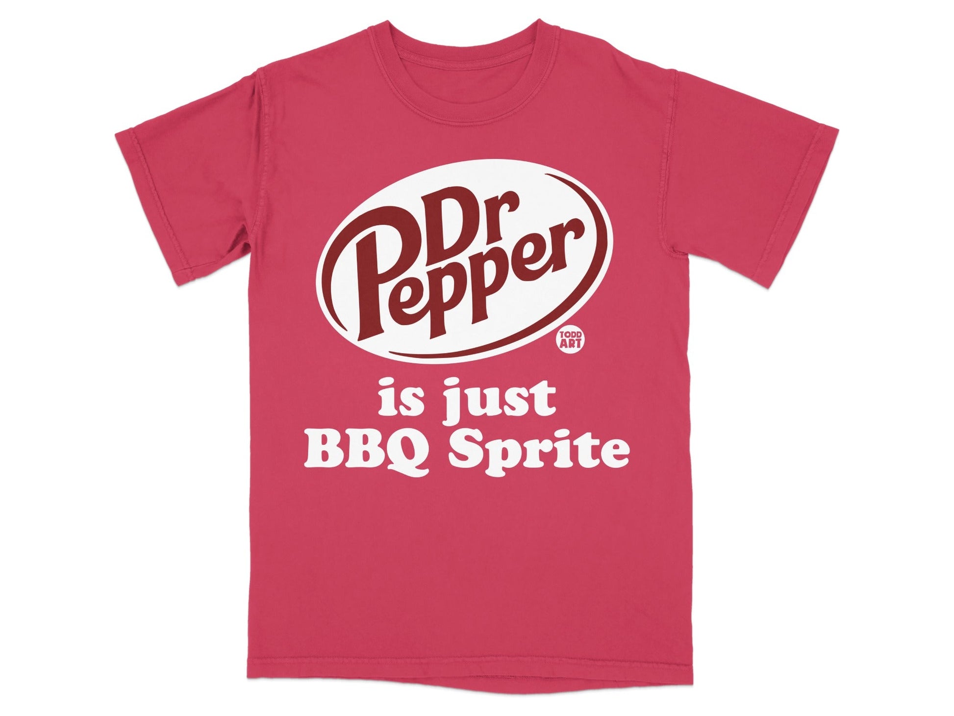 Red t-shirt with Dr Pepper logo and "is just BBQ Sprite" text.