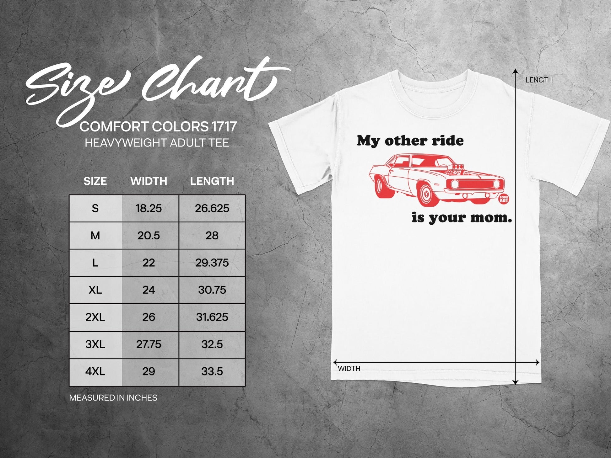 Size chart for Comfort Colors 1717 heavyweight adult tee with measurements in inches.