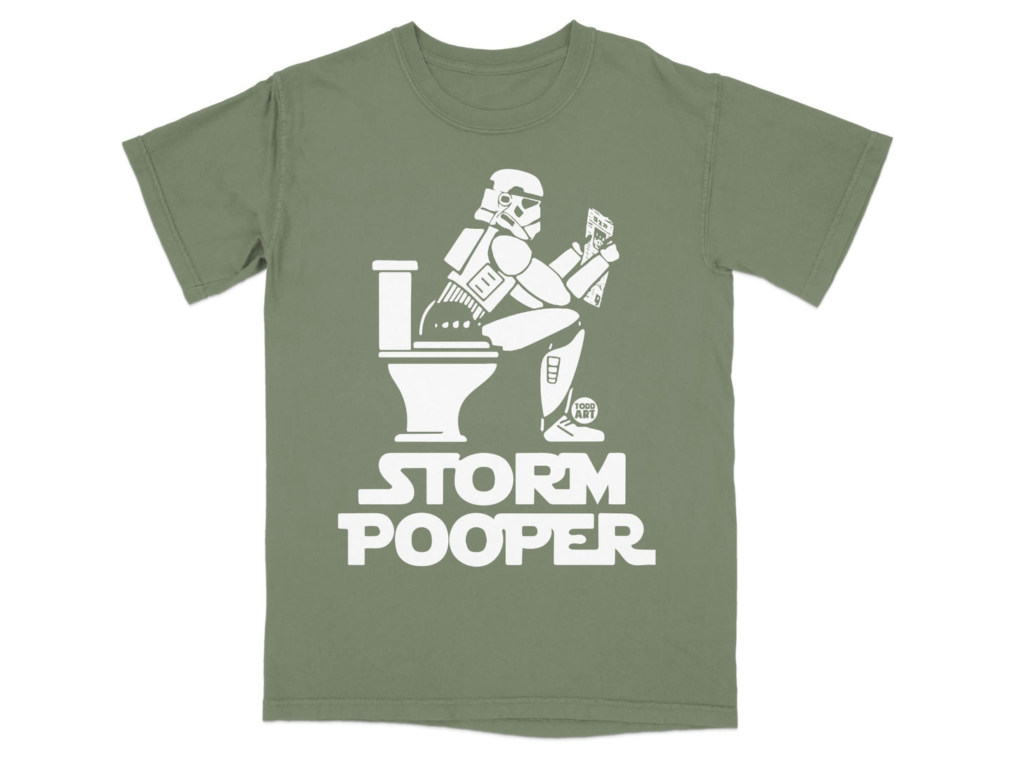 Stormtrooper sitting on toilet reading, with "STORM POOPER" text.