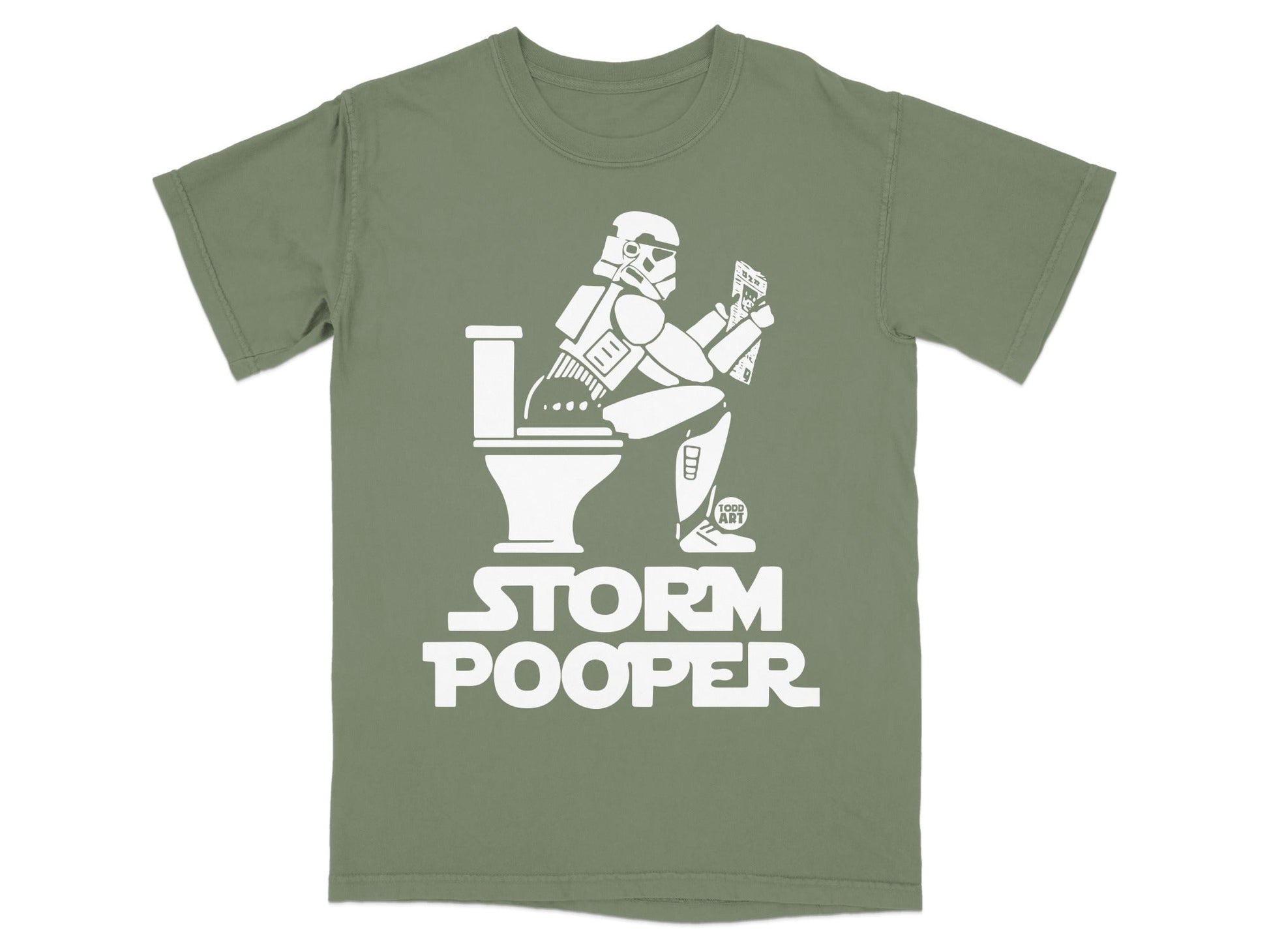 Stormtrooper sitting on toilet reading, with "STORM POOPER" text.