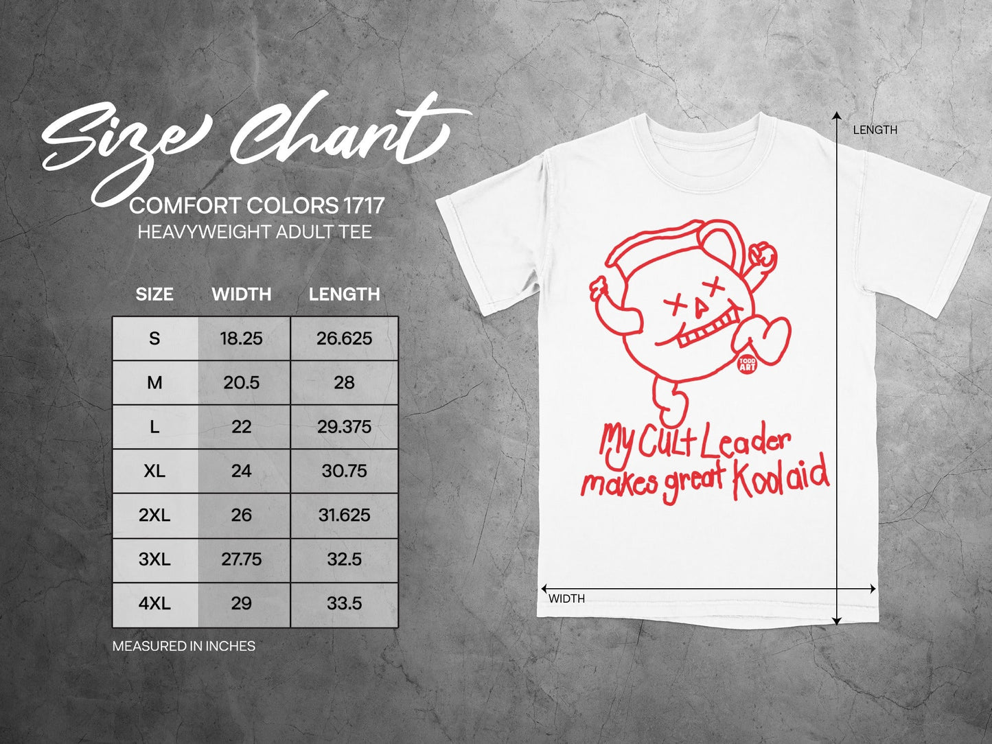 Size chart for Comfort Colors 1717 heavyweight adult tee with Koolaid graphic.