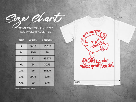 Size chart for Comfort Colors 1717 heavyweight adult tee with Koolaid graphic.