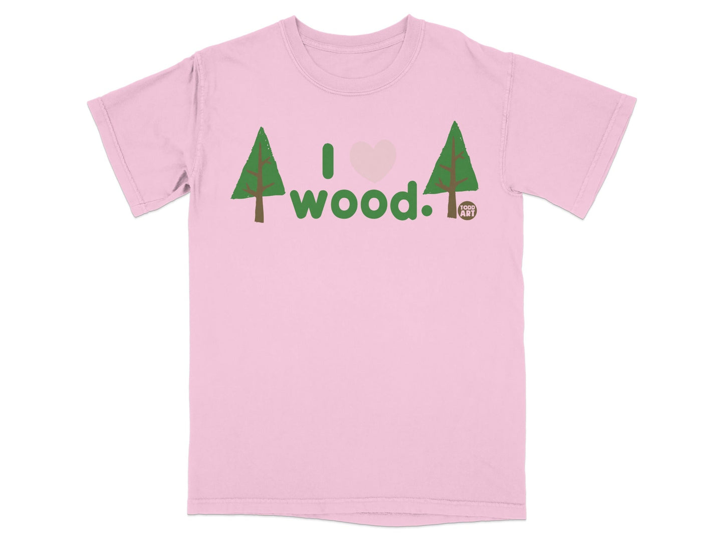 Pink t-shirt with "I love wood." text and tree graphics.