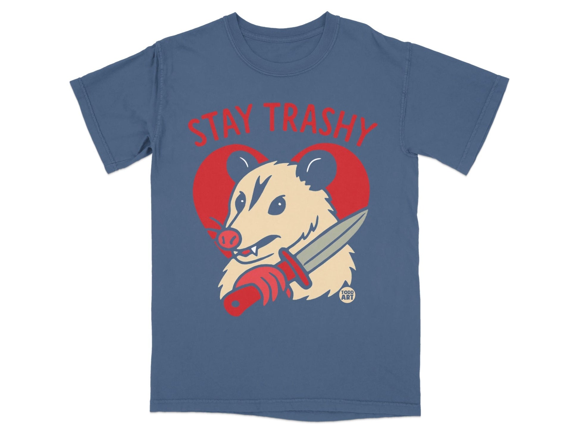 Blue t-shirt with possum wearing sunglasses holding a knife, "Stay Trashy" text.