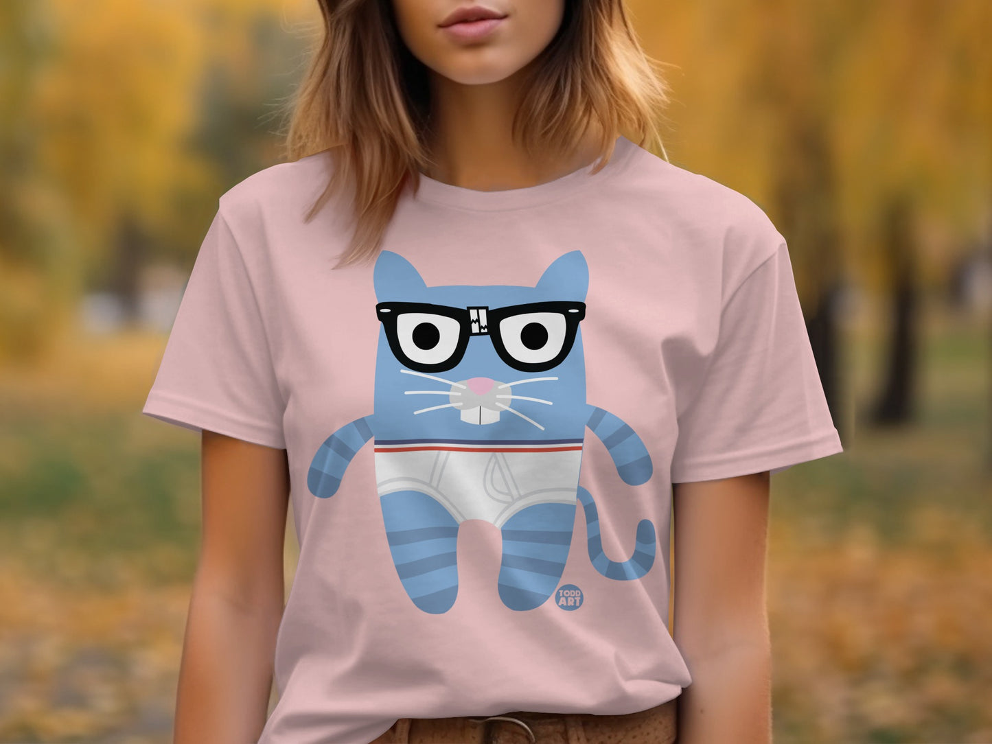 Cute Blue Cat with Glasses Printed T-Shirt