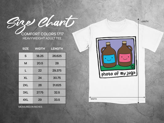Size chart for Comfort Colors 1717 heavyweight adult tee with graphic.