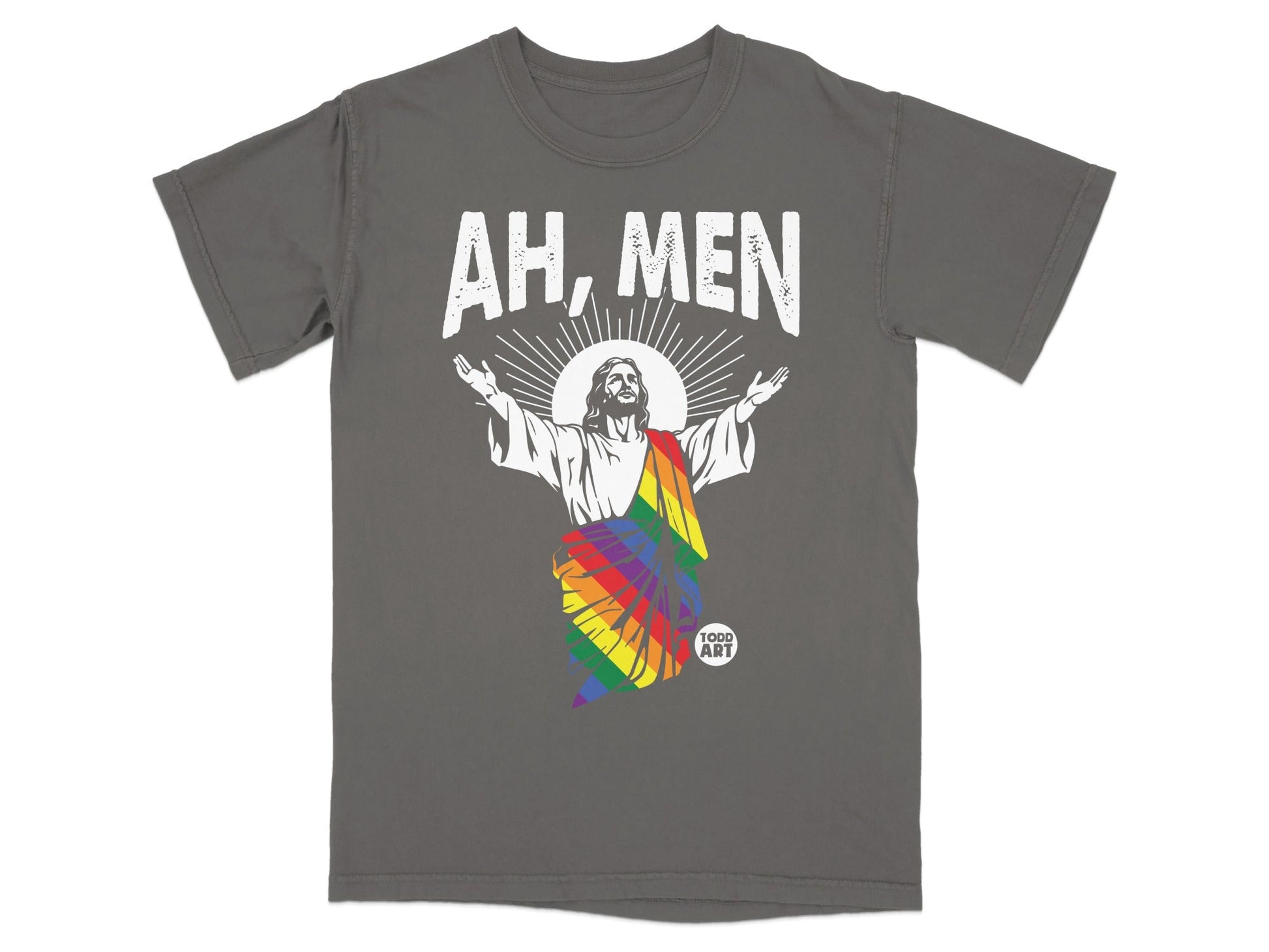 Jesus wearing a rainbow flag sash with "AH, MEN" text above.