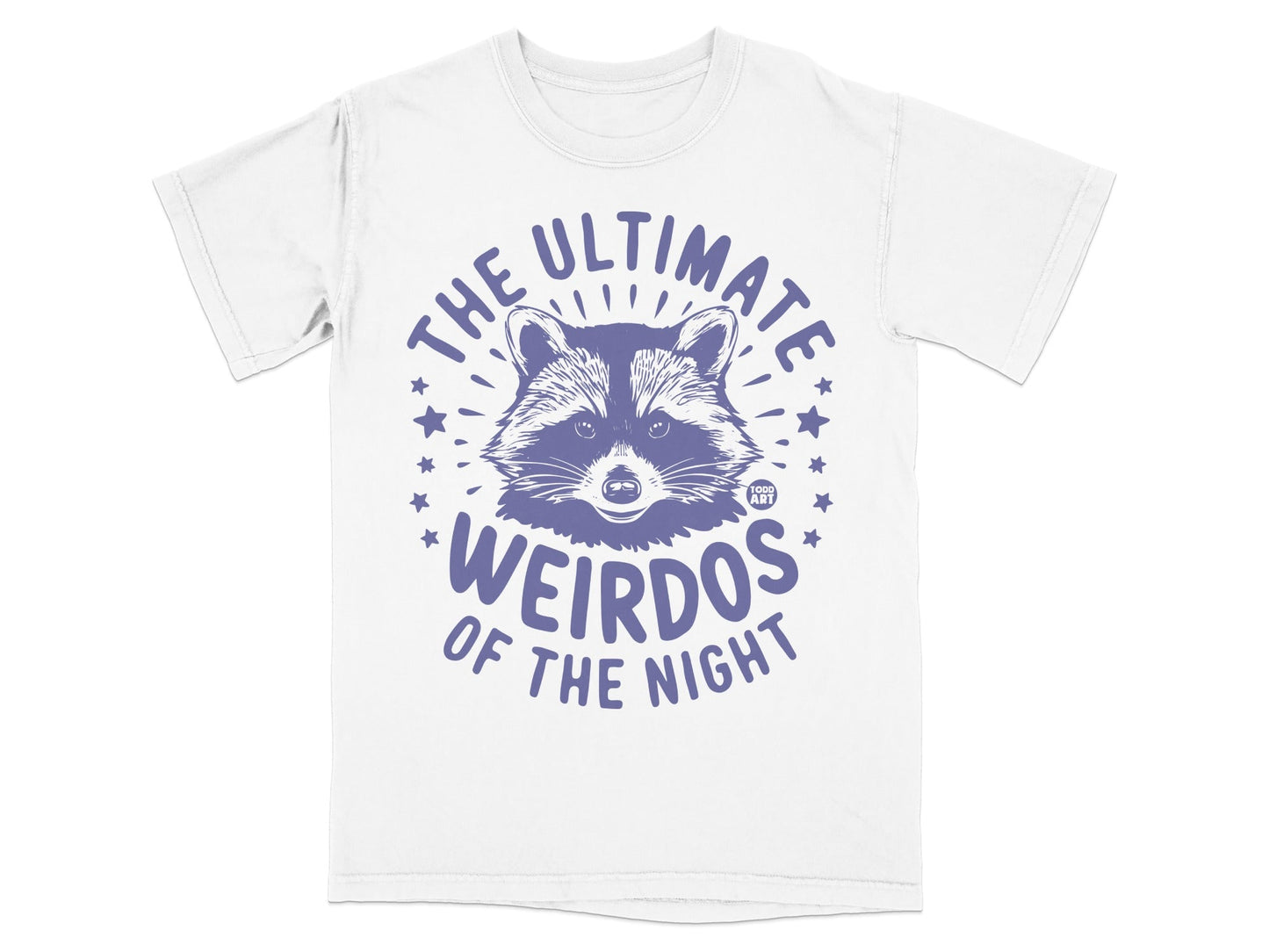 White t-shirt with "THE ULTIMATE WEIRDOS OF THE NIGHT" and raccoon graphic.