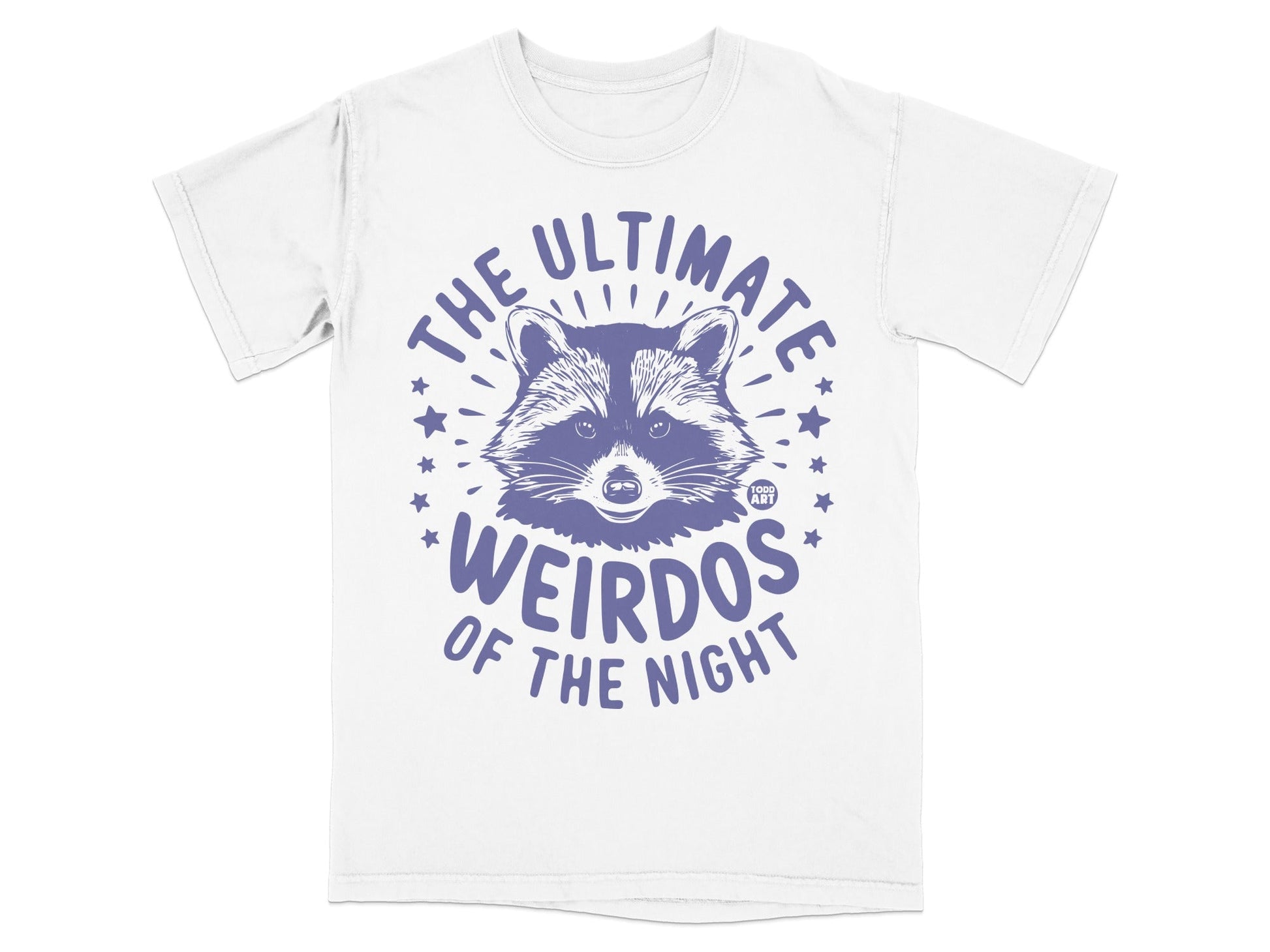 White t-shirt with "THE ULTIMATE WEIRDOS OF THE NIGHT" and raccoon graphic.