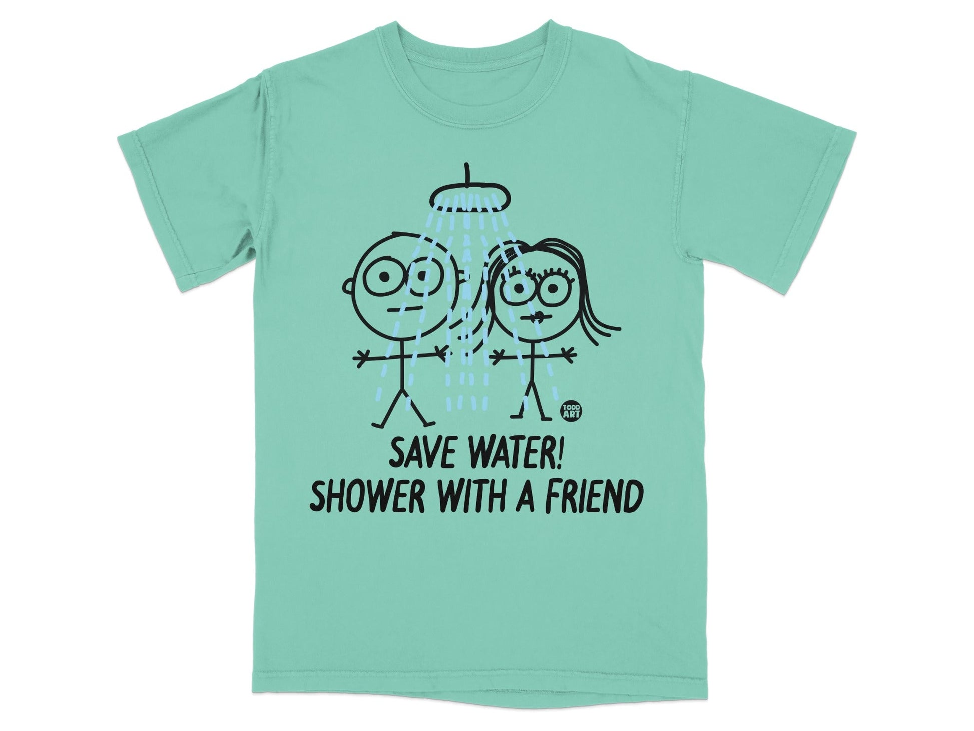 Two stick figures shower together with text "SAVE WATER! SHOWER WITH A FRIEND".