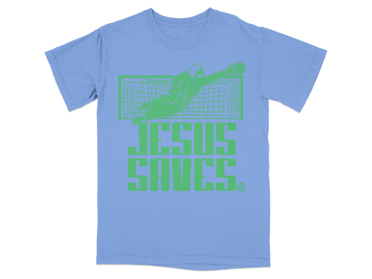 Light blue t-shirt with "JESUS SAVES" in green text and a soccer goalie.