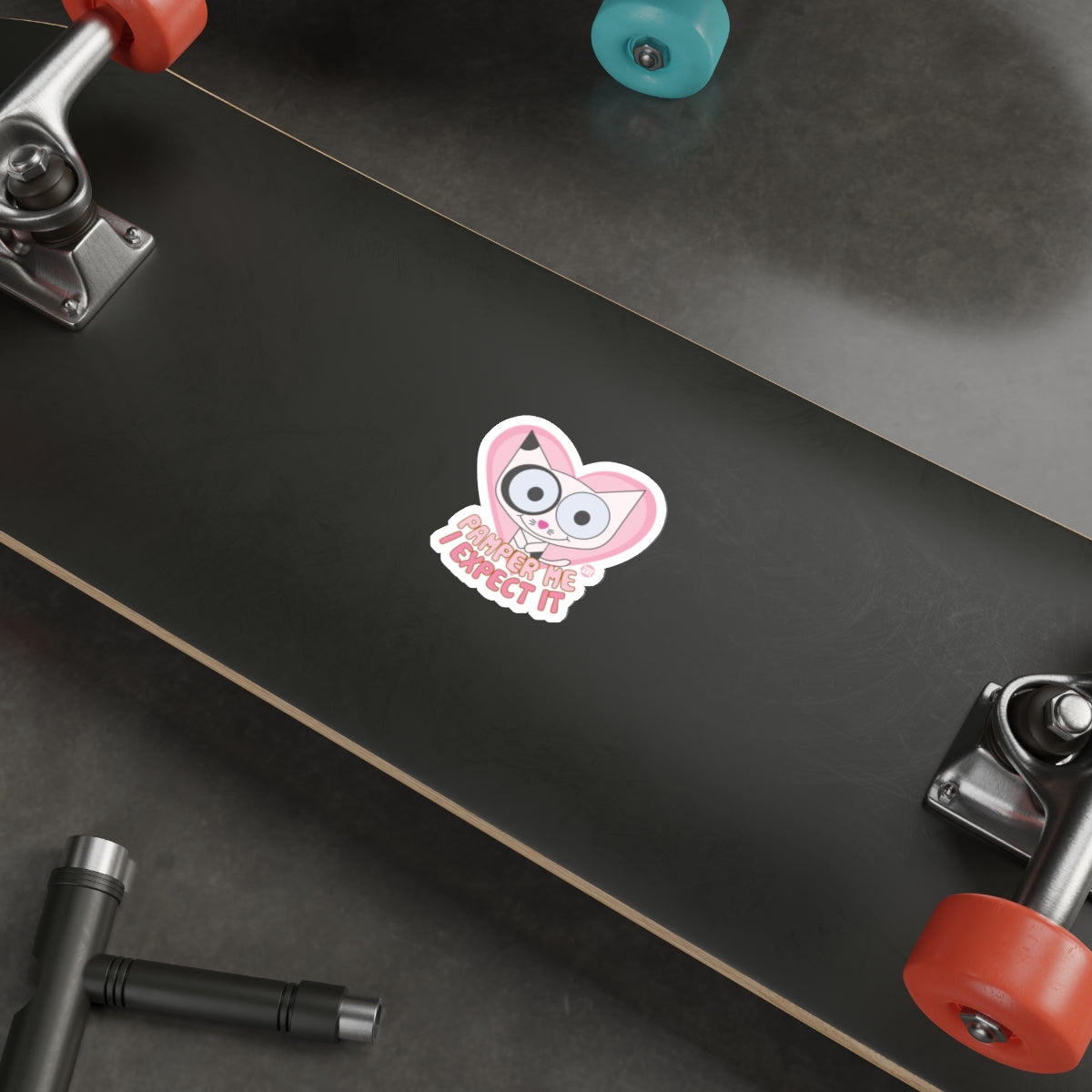 Cute Pink Heart Skateboard Sticker with Cat Design