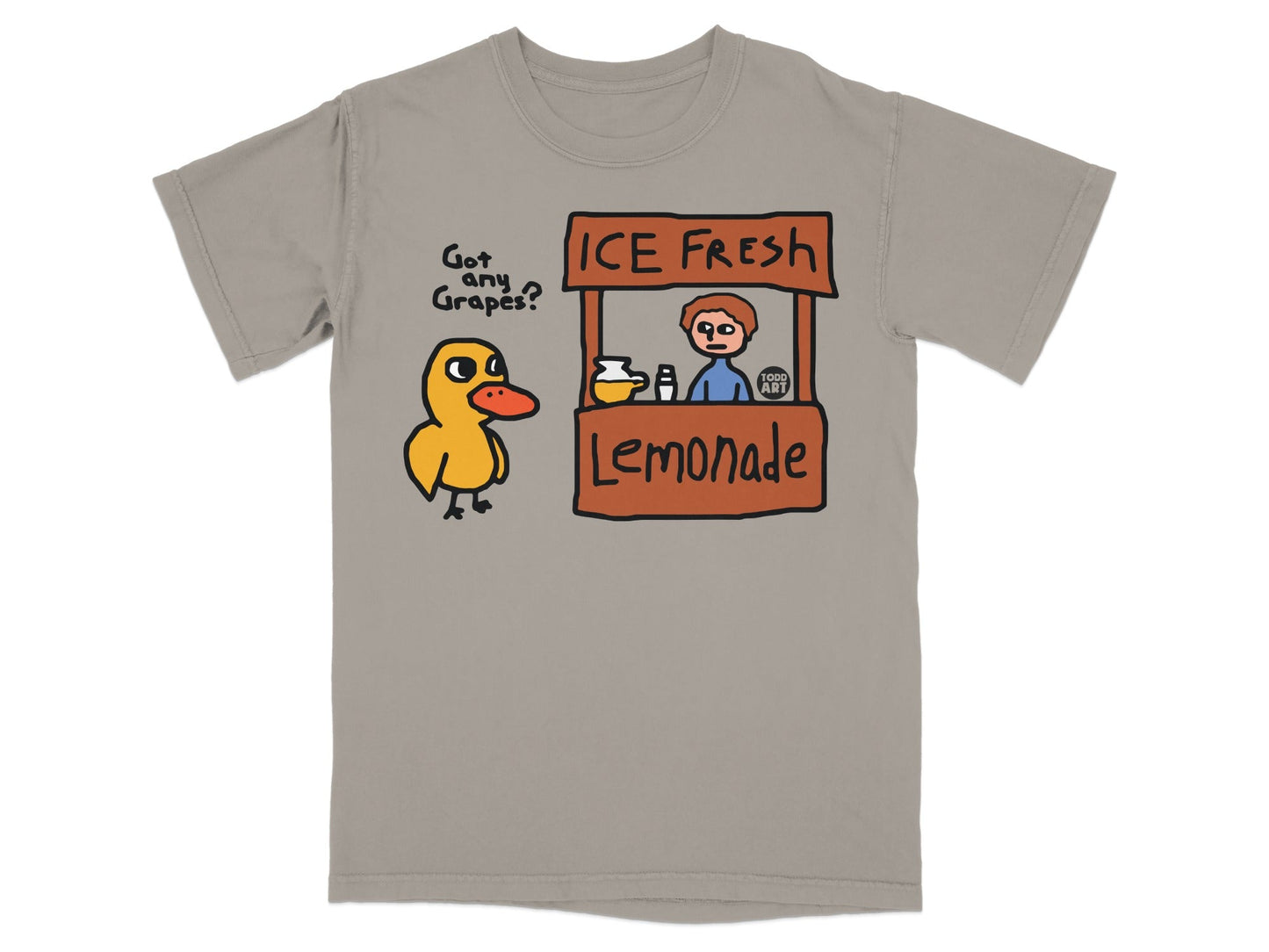 Duck asking for grapes at an ice-cold lemonade stand.