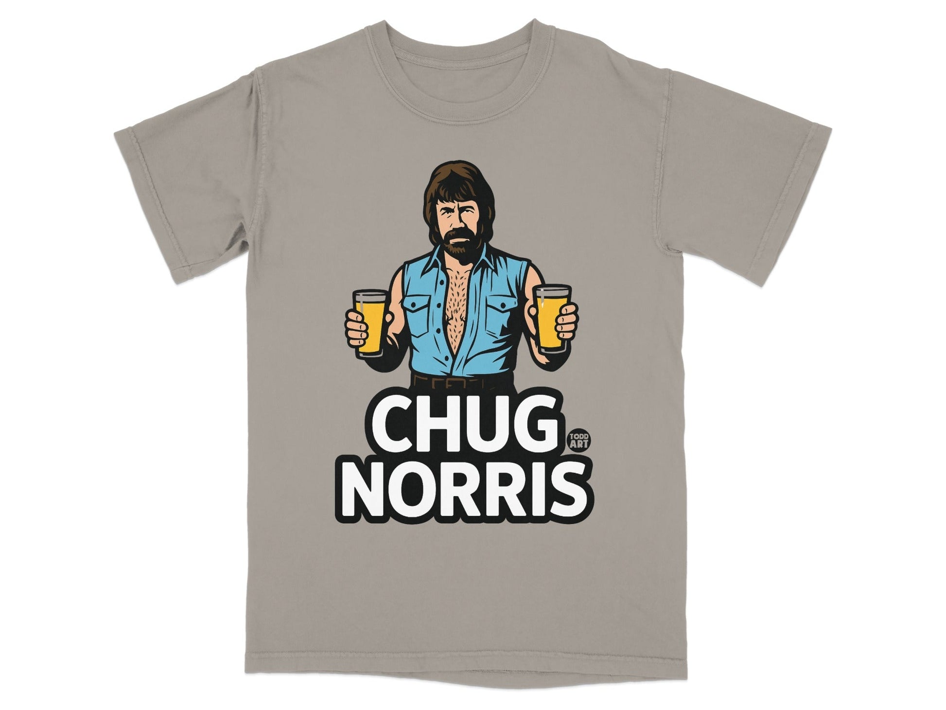 T-shirt with Chuck Norris holding two beers, text "CHUG NORRIS".