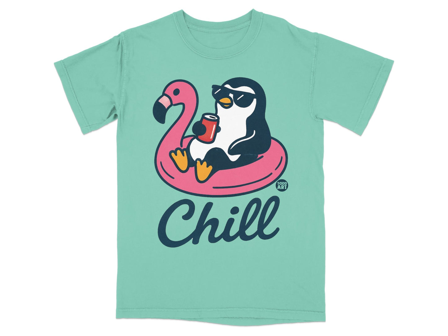 Penguin wearing sunglasses floats on a flamingo raft, holding a soda can, with "Chill" text.