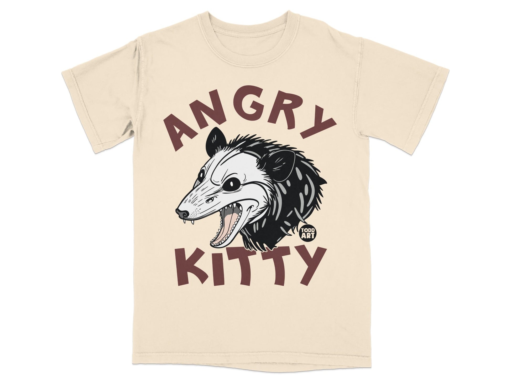 T-shirt with an angry possum graphic and "Angry Kitty" text.