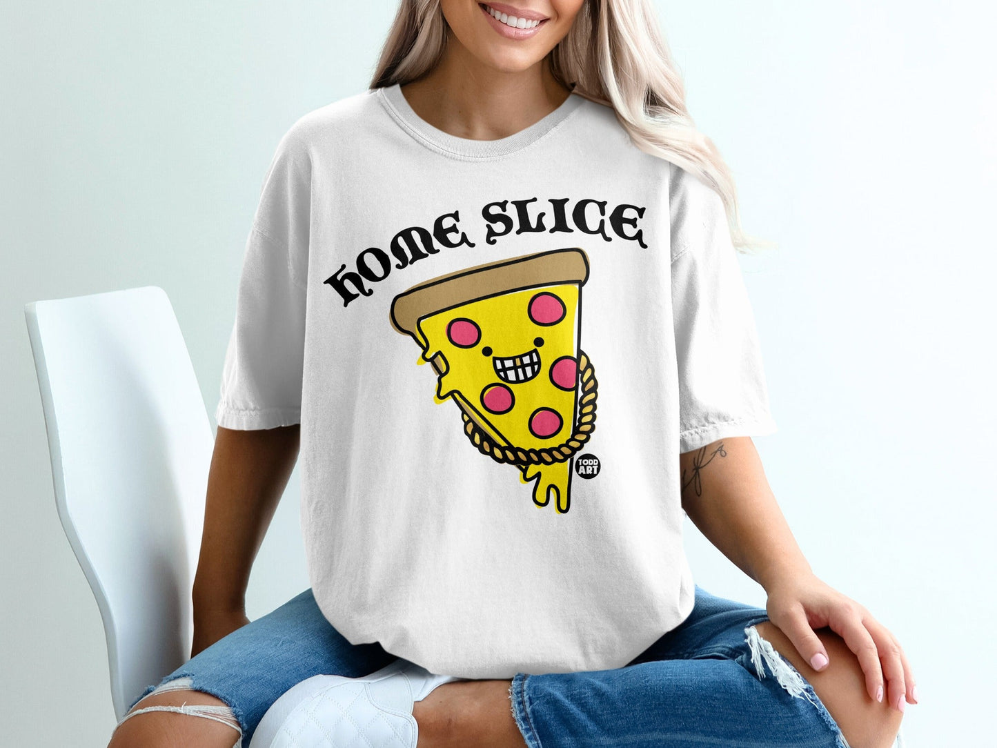 T-shirt with graphic of a smiling slice of pizza with "HOME SLICE" text.