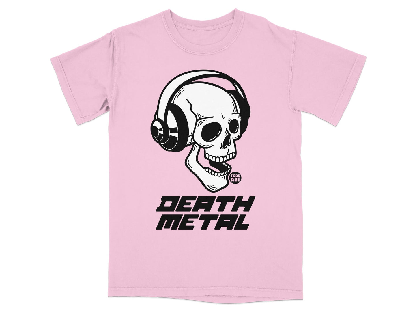 Pink t-shirt with a skull wearing headphones and "DEATH METAL" text.
