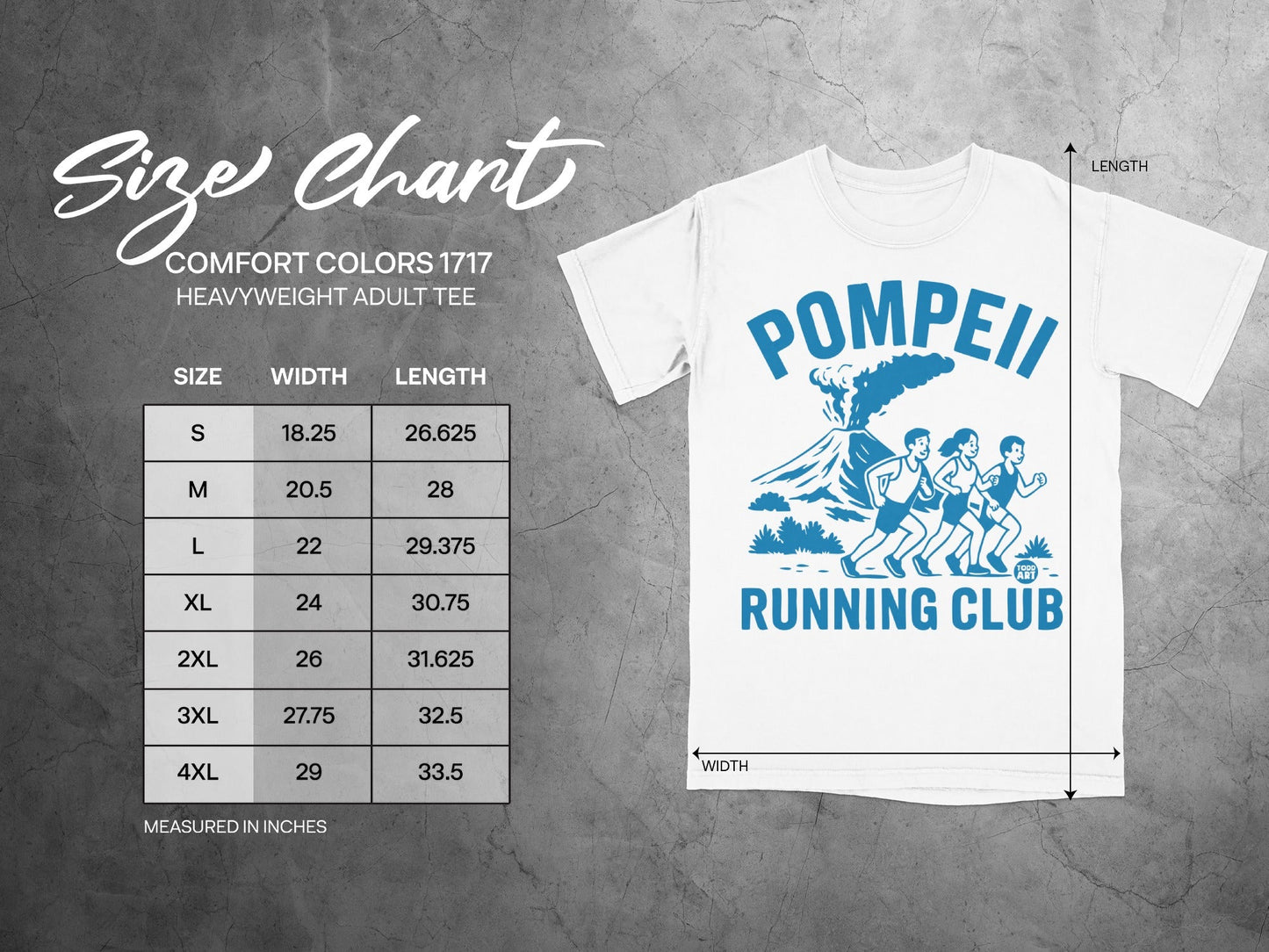 Pompeii Running Club t-shirt size chart with measurements in inches.