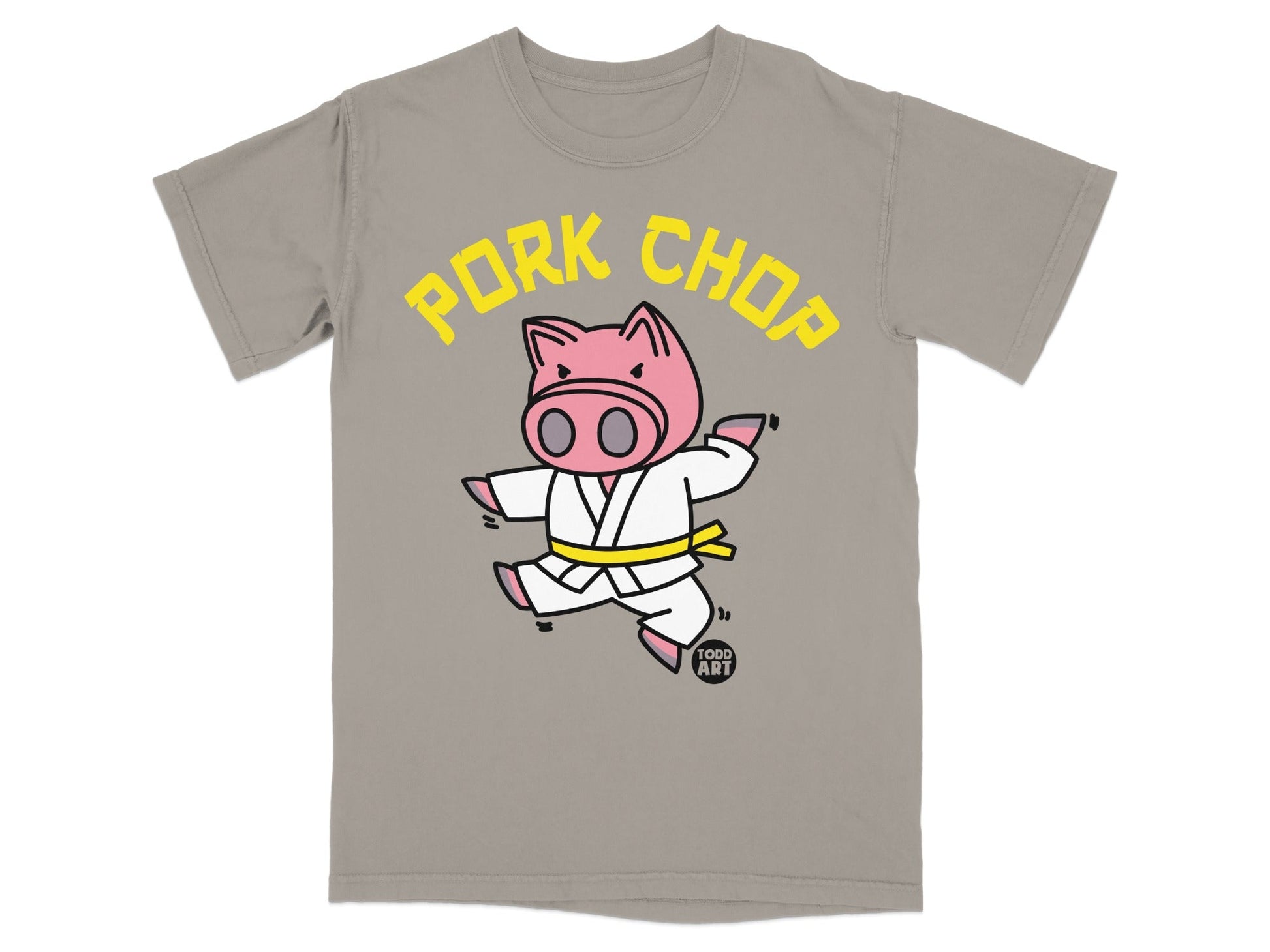 Gray t-shirt with cartoon pig wearing a karate gi and belt, text "PORK CHOP".