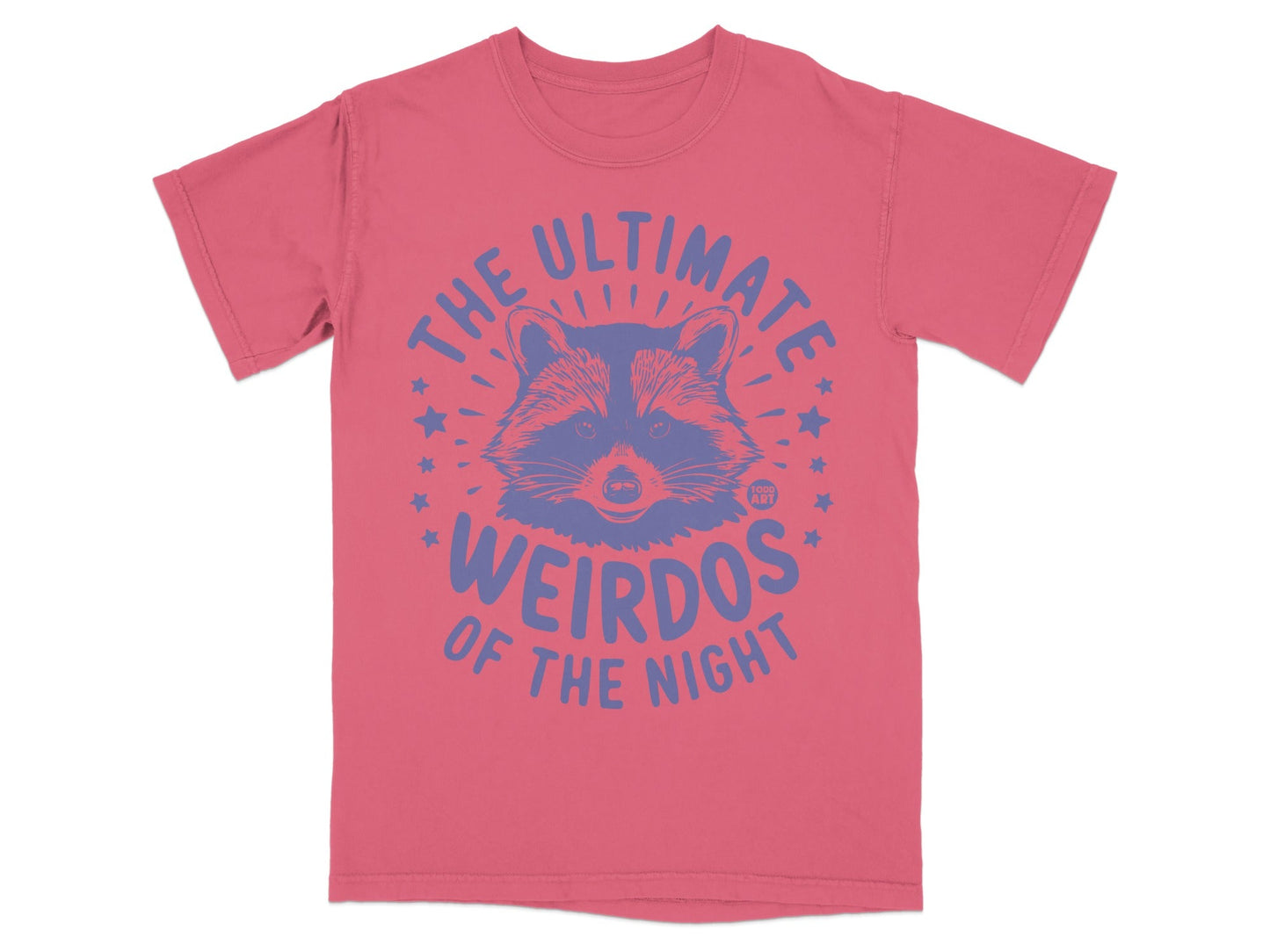 Pink t-shirt with "The Ultimate Weirdos of the Night" and a raccoon graphic.