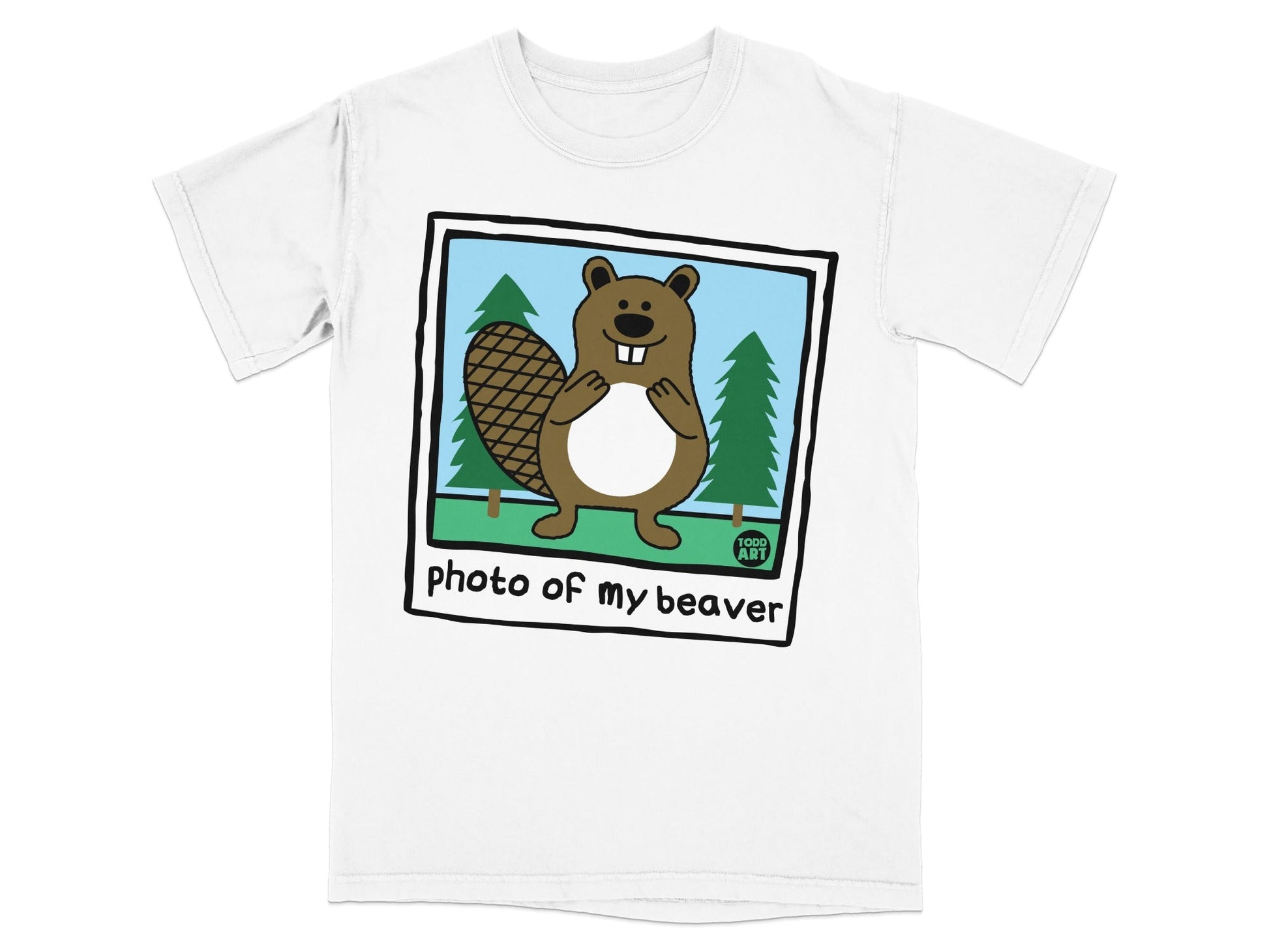 Cartoon beaver in a photo frame, "photo of my beaver" text.