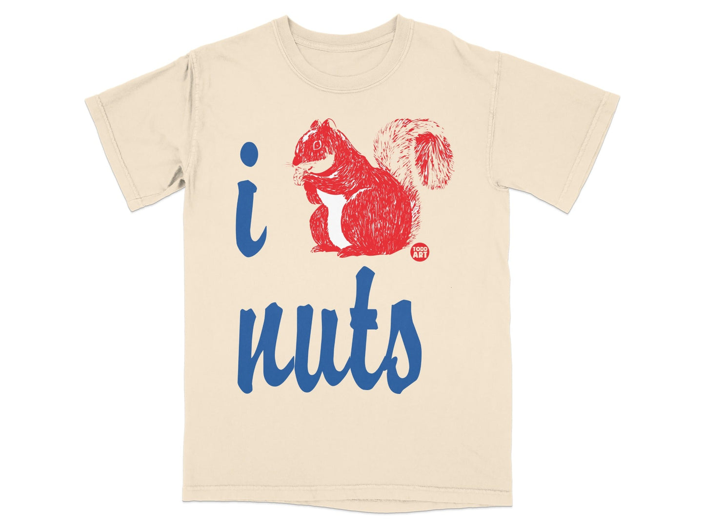 Cream t-shirt with "i nuts" text and a red squirrel graphic.