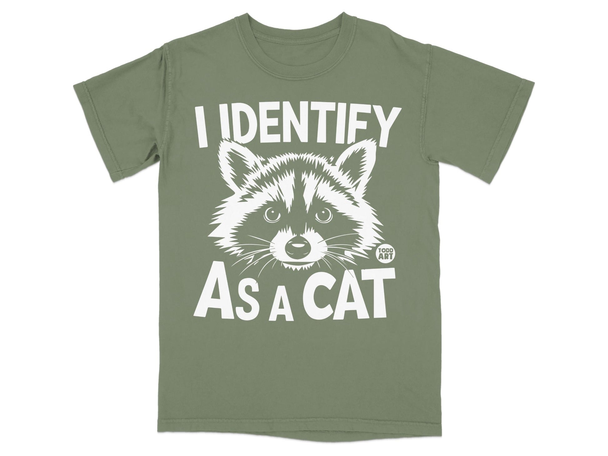 Green t-shirt with raccoon graphic and text "I IDENTIFY AS A CAT".