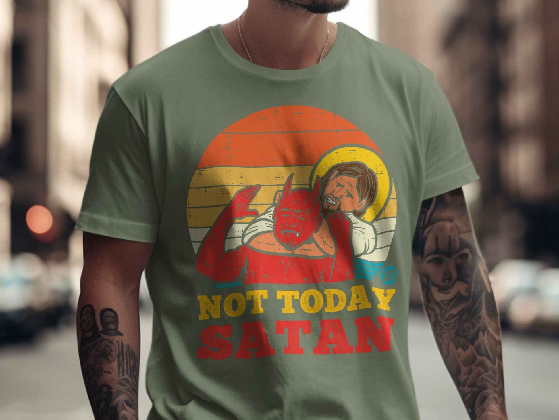 T-shirt with "Not Today Satan" graphic featuring Jesus hugging the devil.