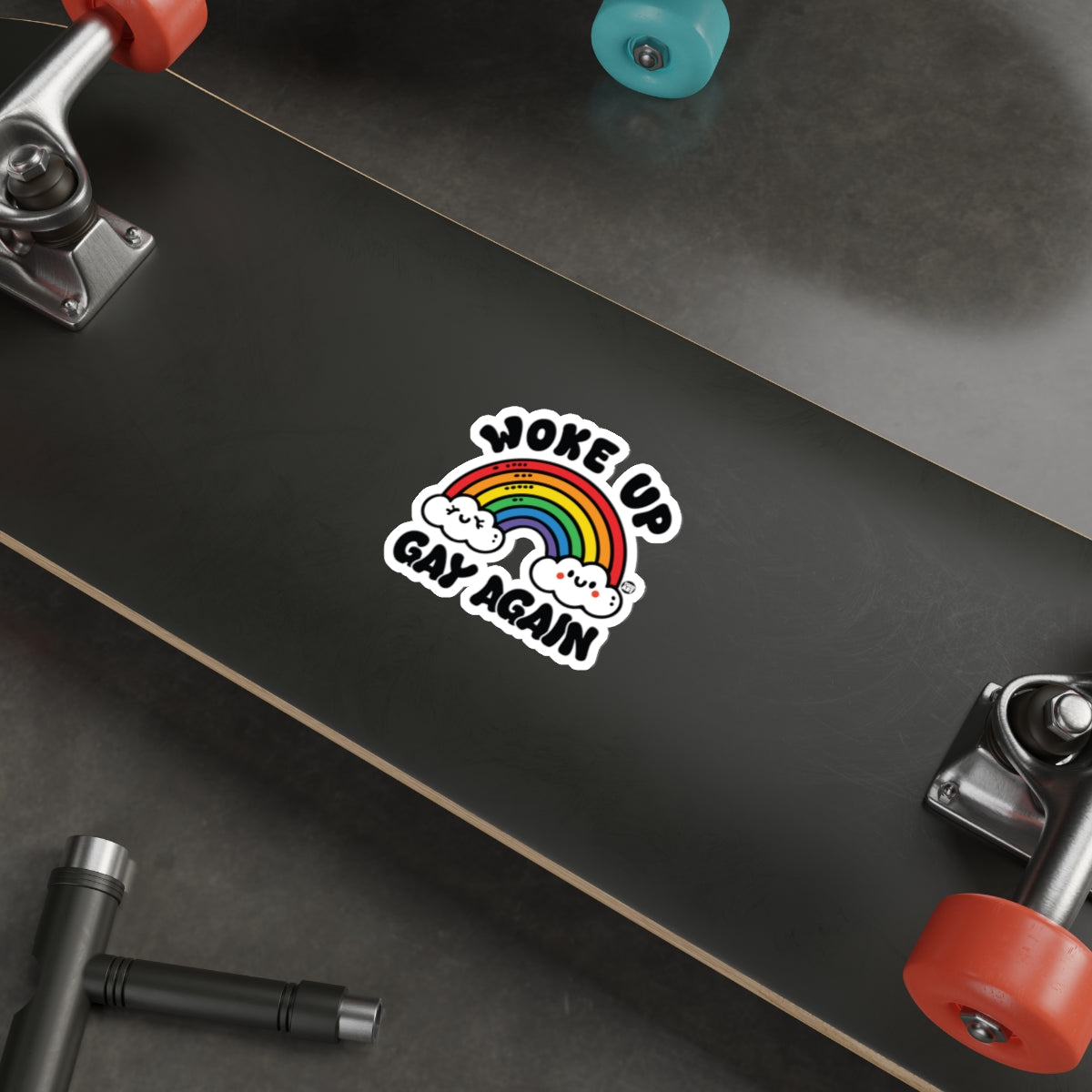 WOKE UP GAY AGAIN Rainbow Smiling Clouds Design product
