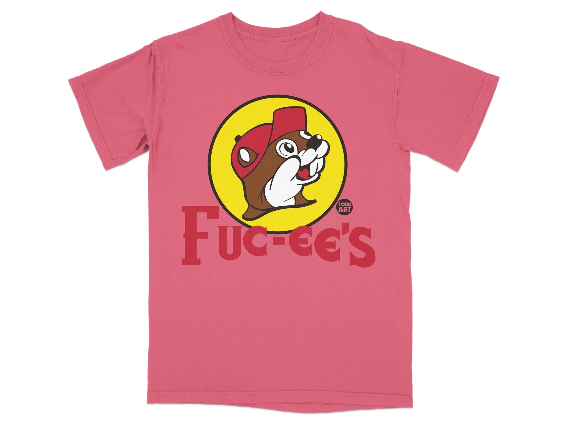 Bucc-ee's beaver mascot logo on a pink t-shirt.