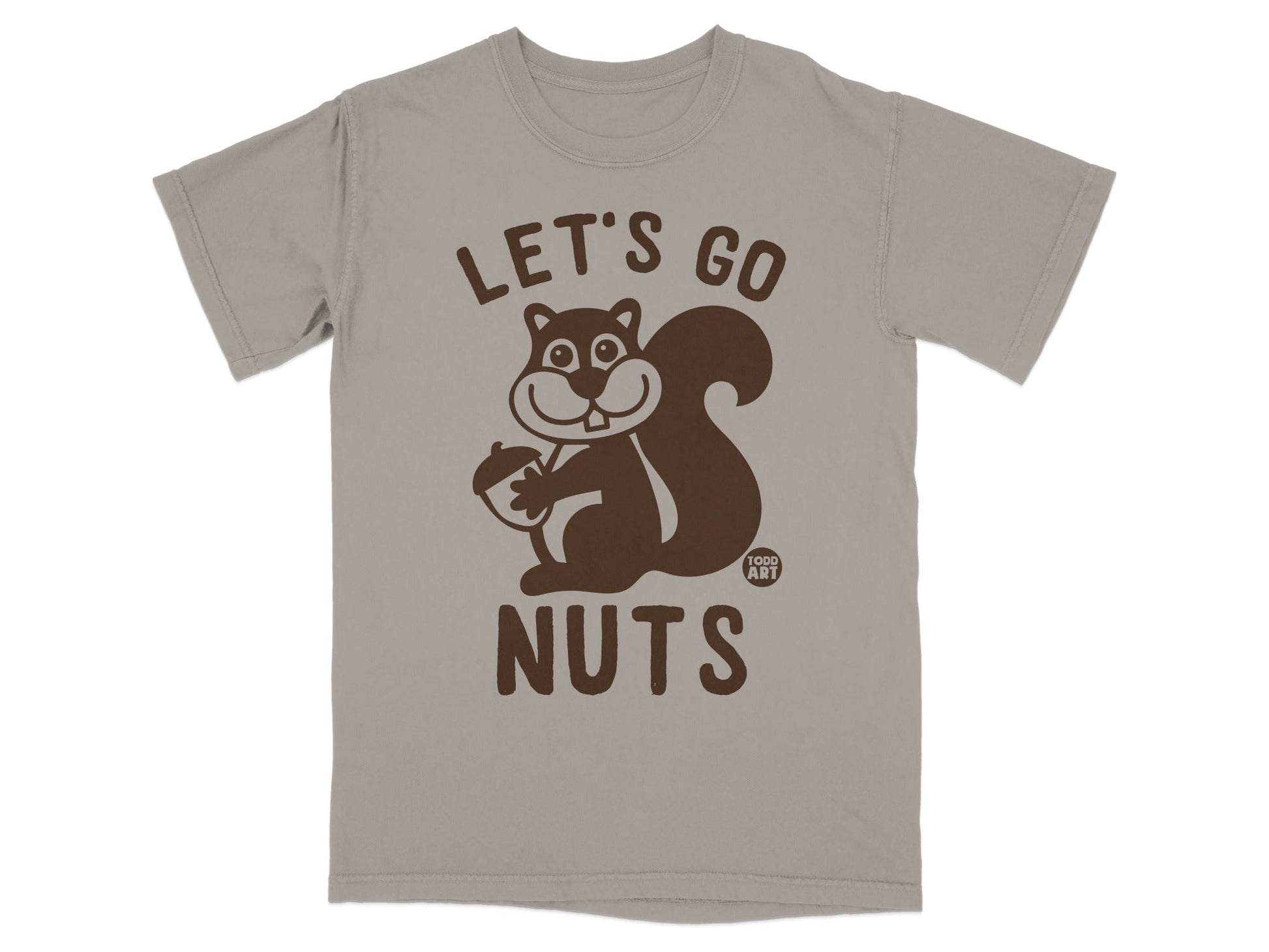 Brown graphic t-shirt with a cartoon squirrel holding an acorn and the text "LET'S GO NUTS".
