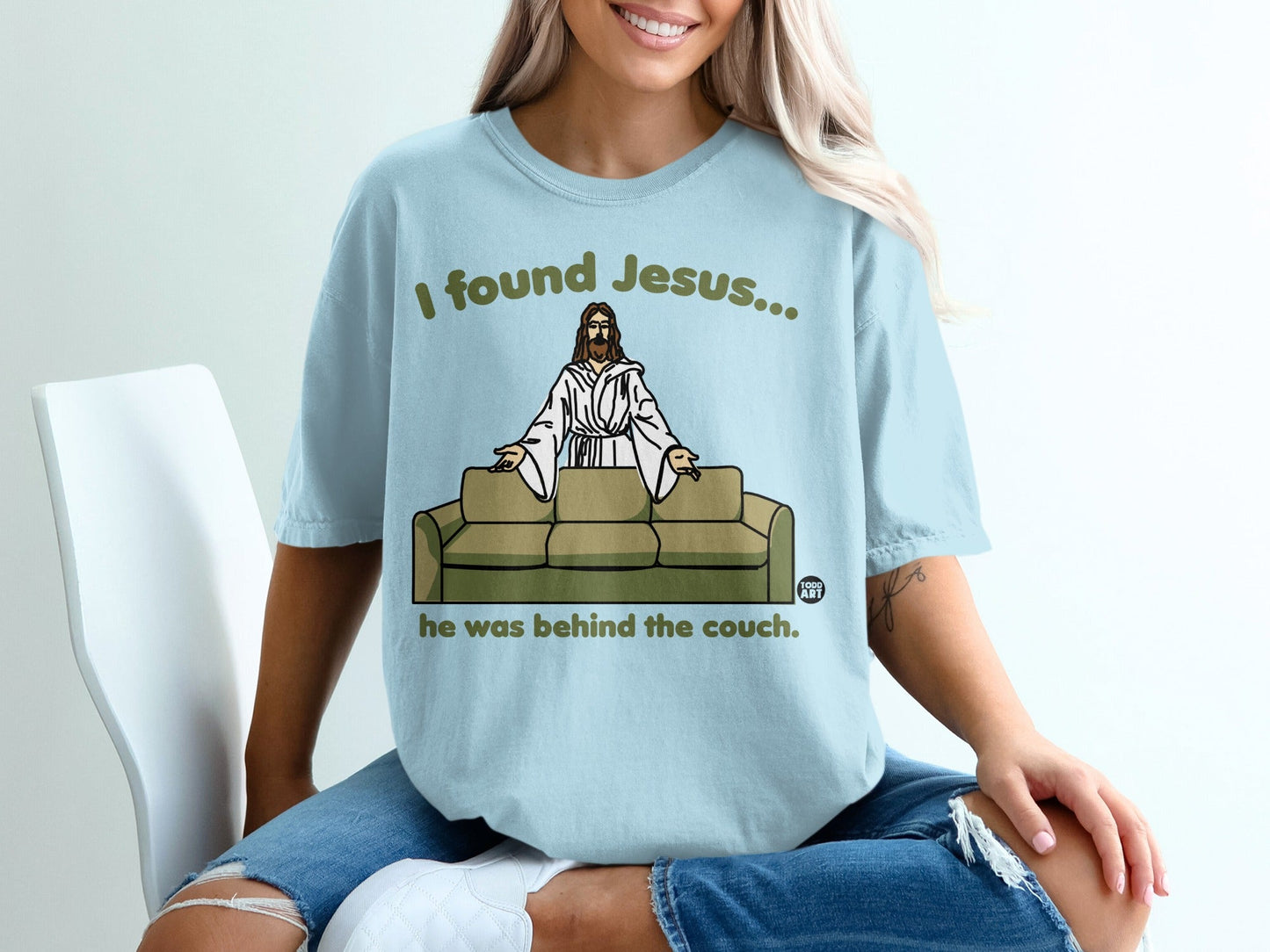 Jesus on a couch, "I found Jesus... he was behind the couch."
