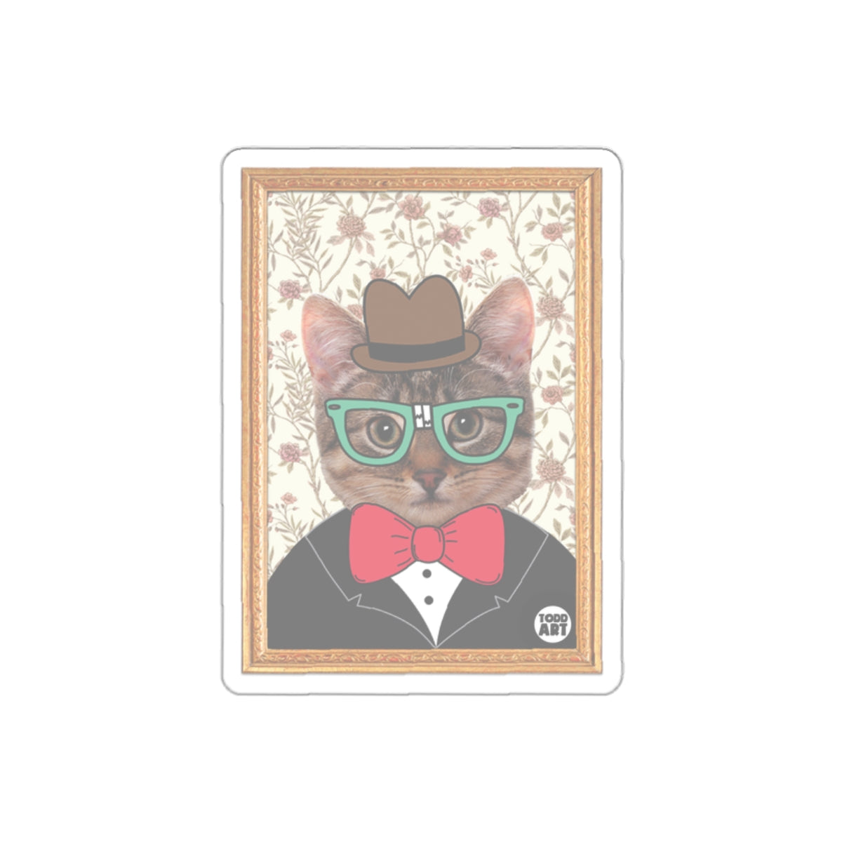 Cat in Glasses with Bow Tie Vintage Art Sticker