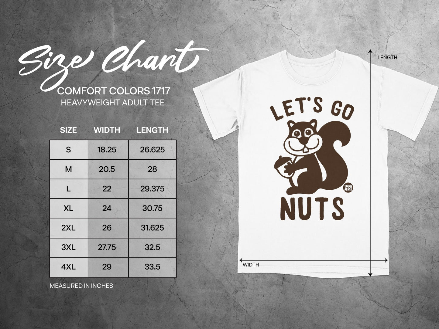 Comfort Colors 1717 heavyweight t-shirt size chart with squirrel graphic.