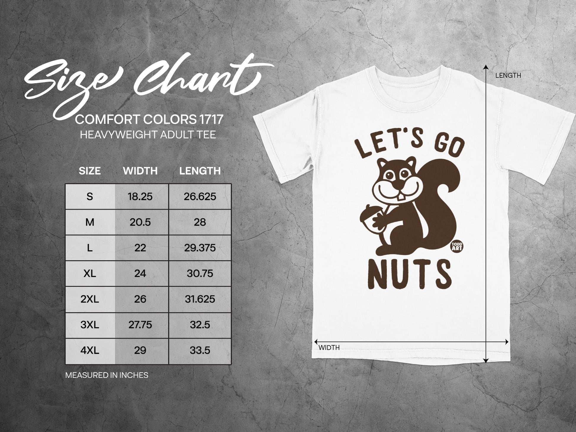 Comfort Colors 1717 heavyweight t-shirt size chart with squirrel graphic.