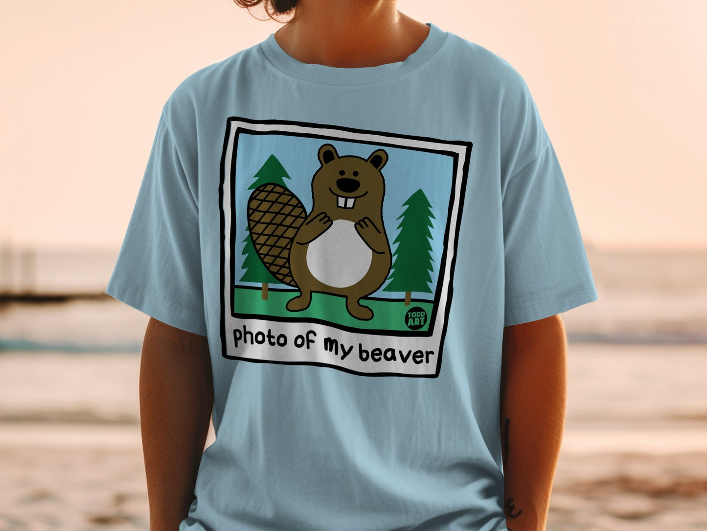 Light blue t-shirt with cartoon beaver and "photo of my beaver" text.