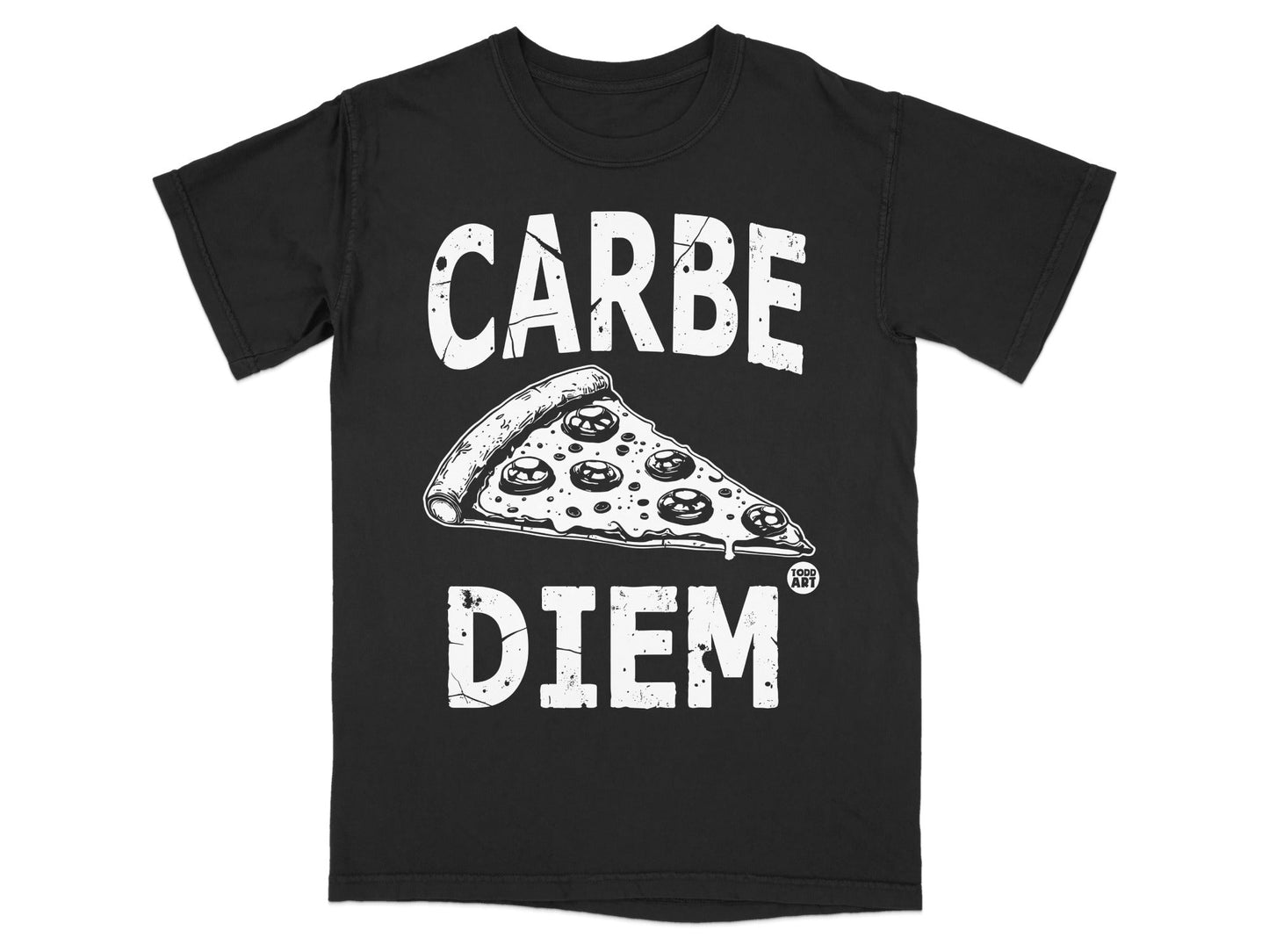 Black t-shirt with white "CARPE DIEM" text and a pizza slice graphic.