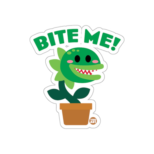 Funny Cartoon Plant In Pot With Bite Me Text Stickers