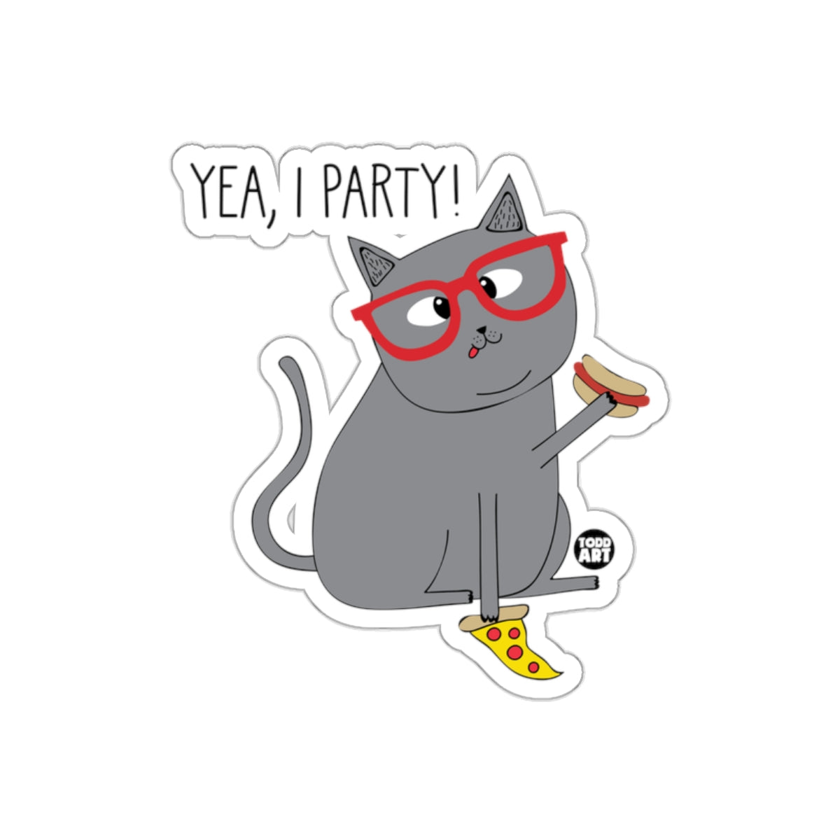 Yea I Party Funny Cat Sticker with Hotdog and Pizza