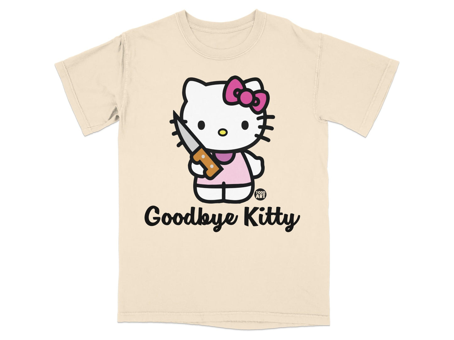 Beige t-shirt with Hello Kitty holding a knife, text reads "Goodbye Kitty".