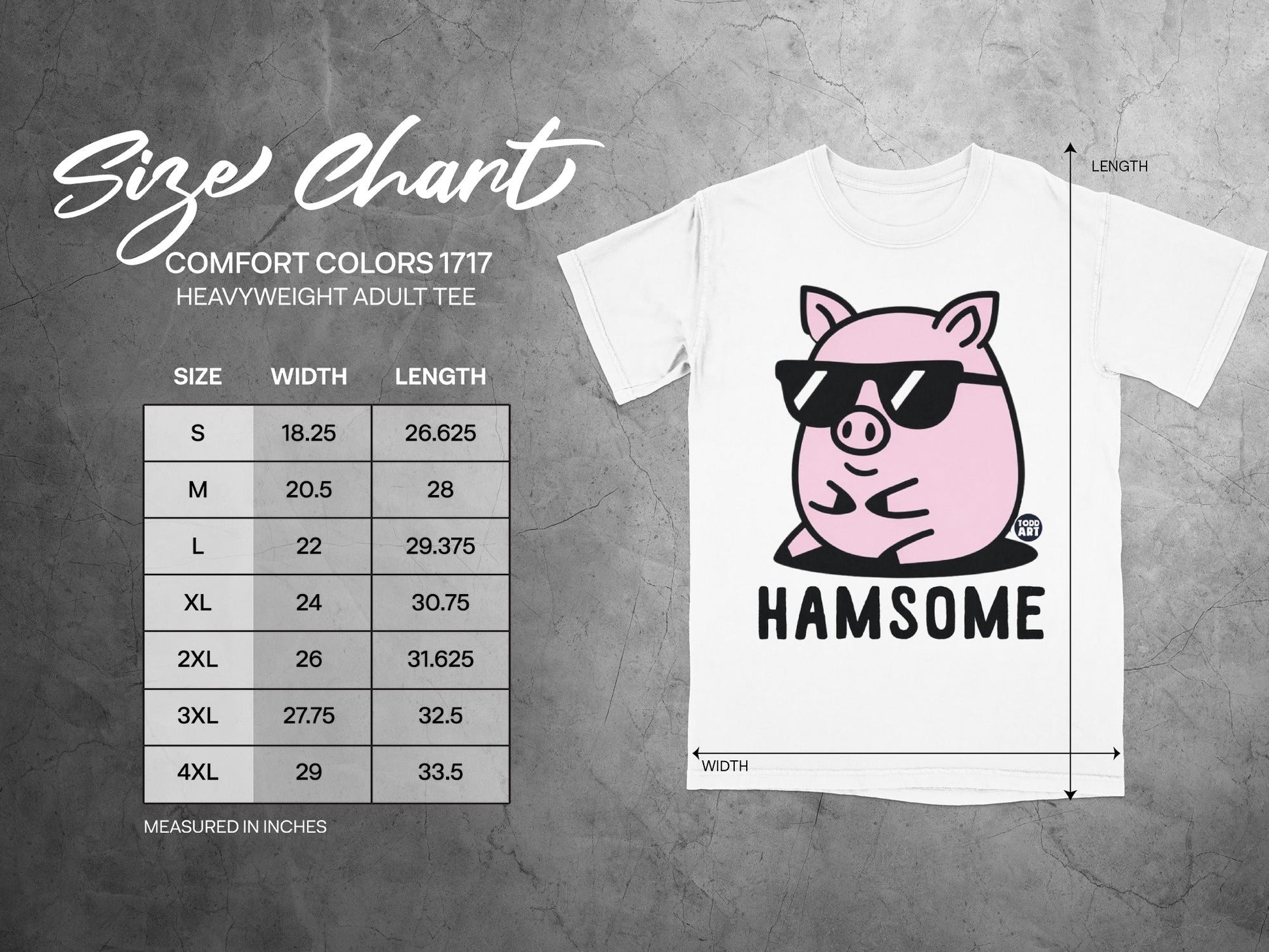 Comfort Colors 1717 heavy t-shirt size chart with pig graphic and "HAMSOME" text.