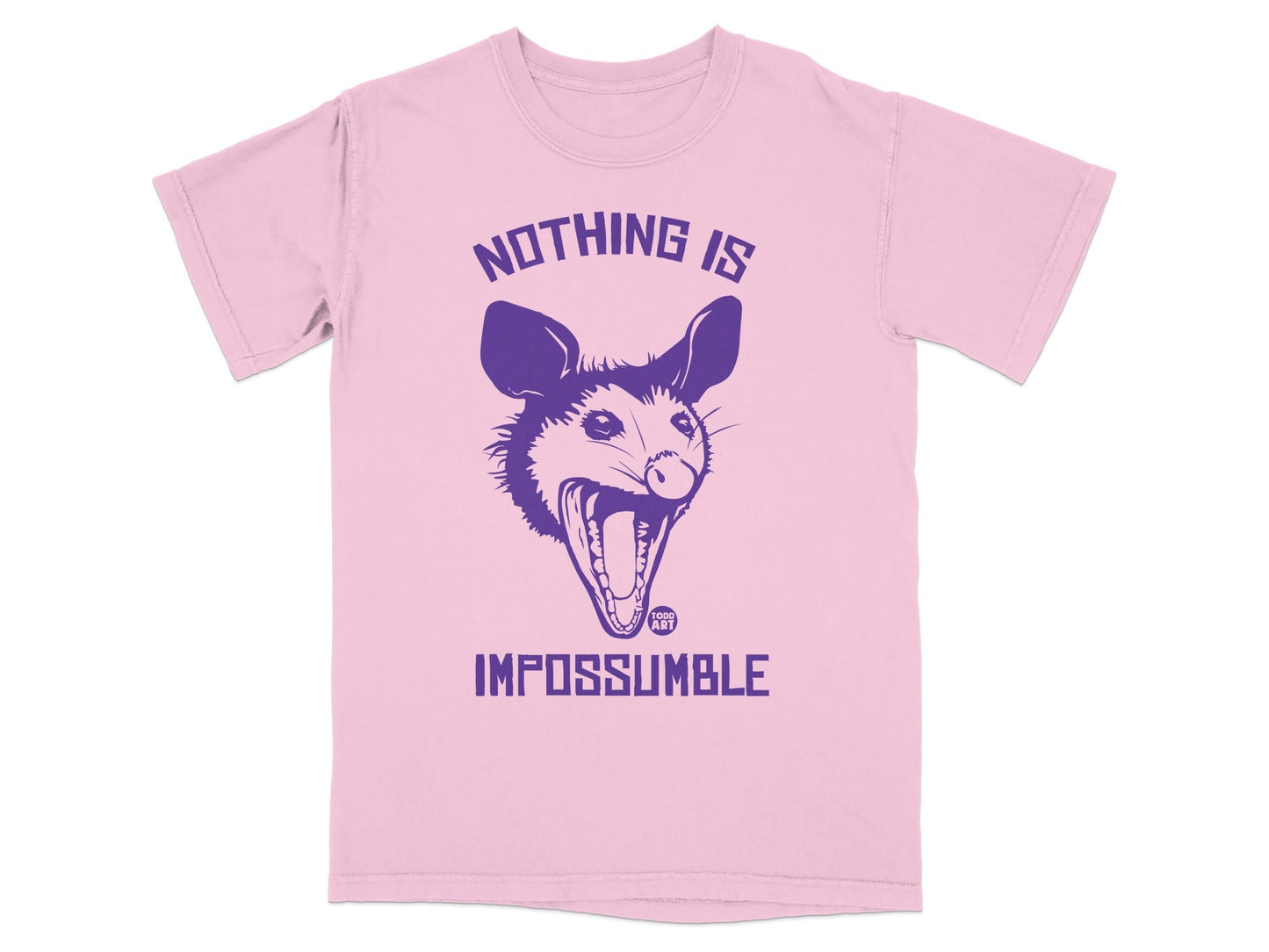 Pink t-shirt with a purple graphic of a screaming possum and text.